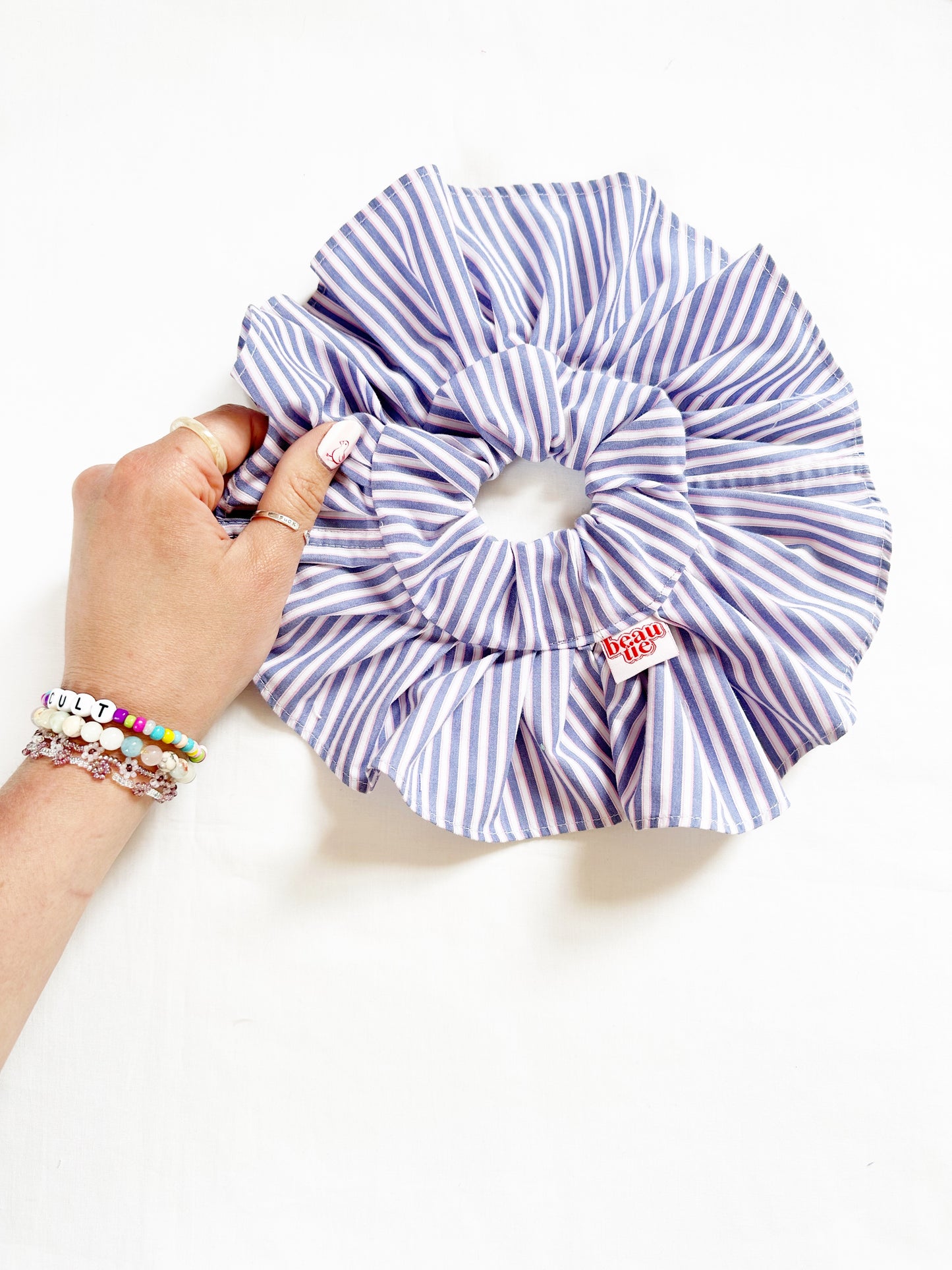 Mini ruffle scrunchie in blue and white stripe cotton