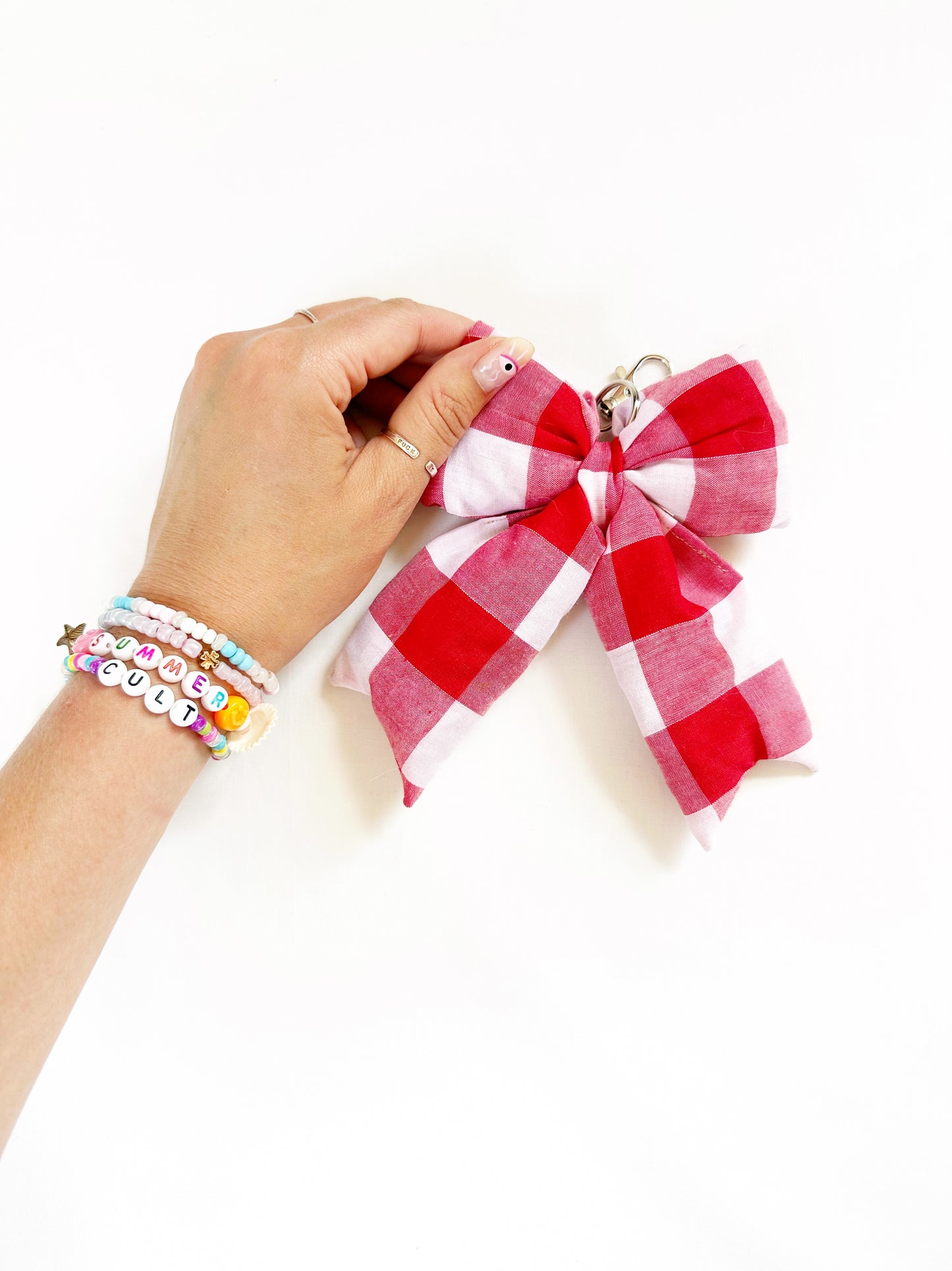 Puffy bow bag charm in red gingham