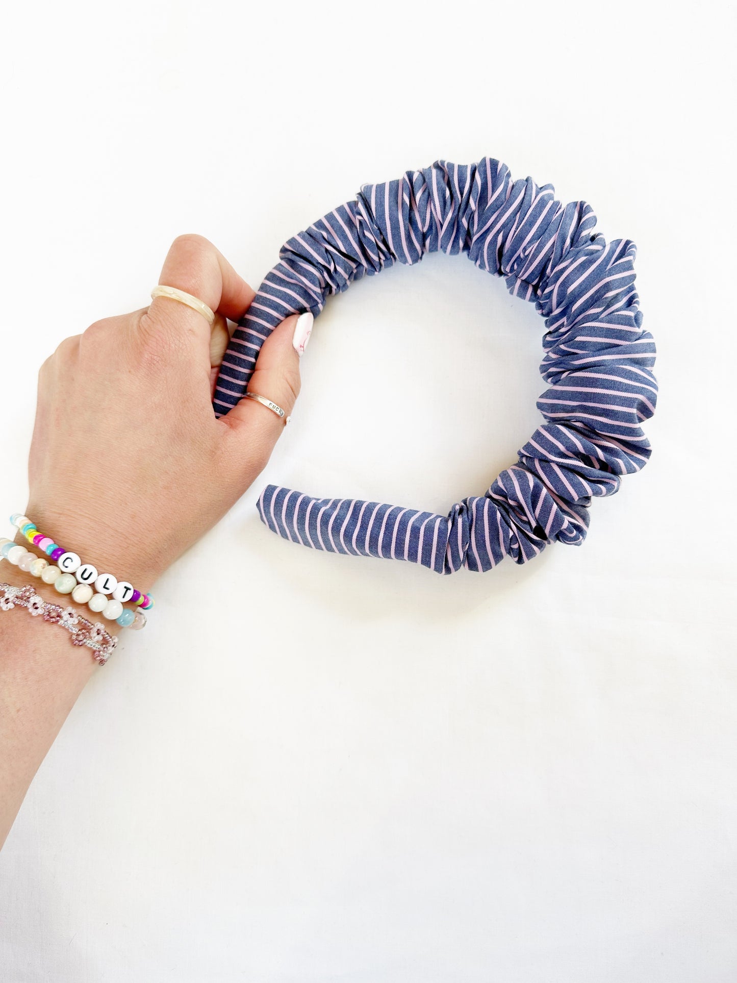 Ruffle Headband in navy and pink stripe