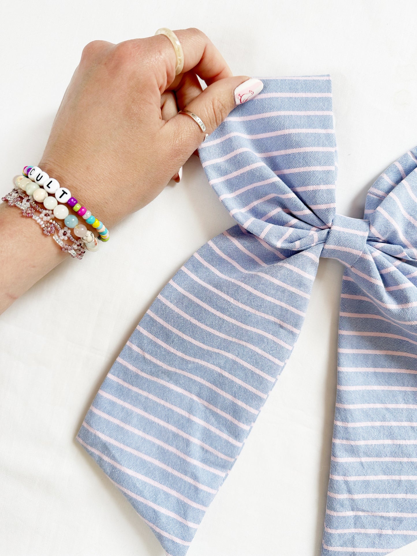 POWER Hair Bow in blue and pink stripe