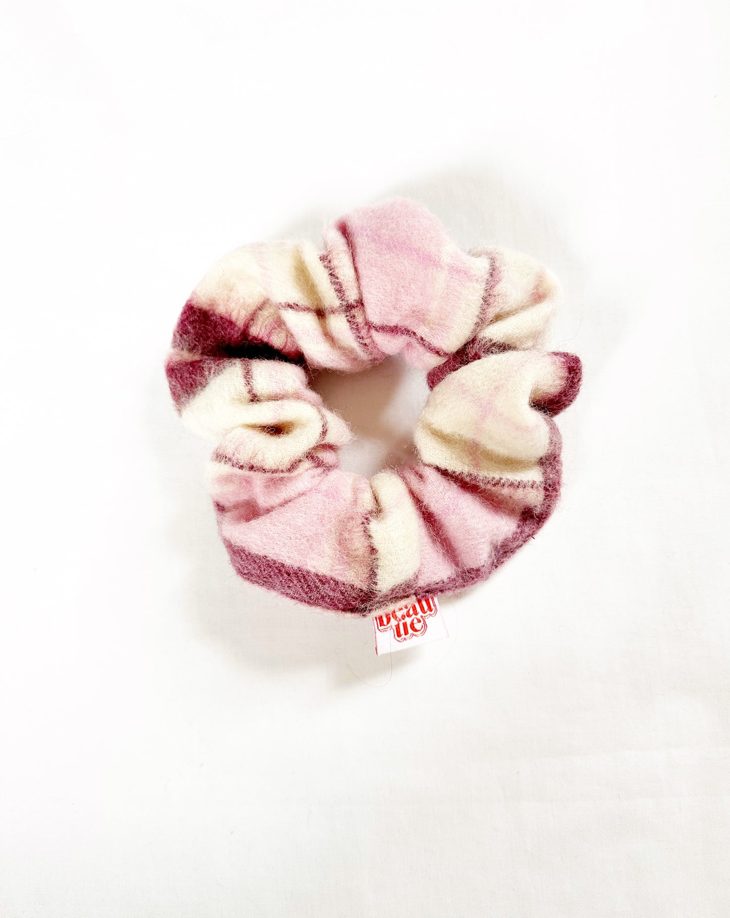 OG scrunchie in berry pink tartan wool