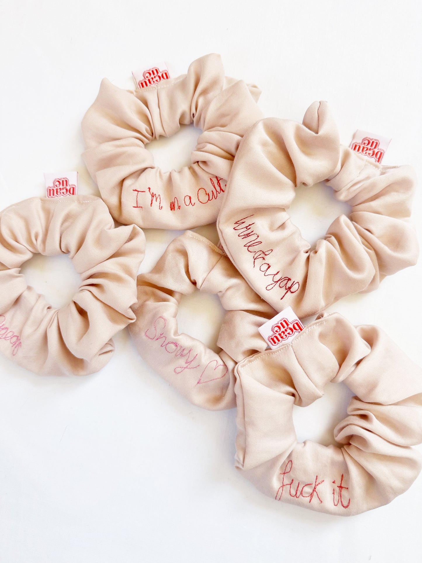The Scribble Scrunchie - personalised embroidered word scrunchies in OG & mini