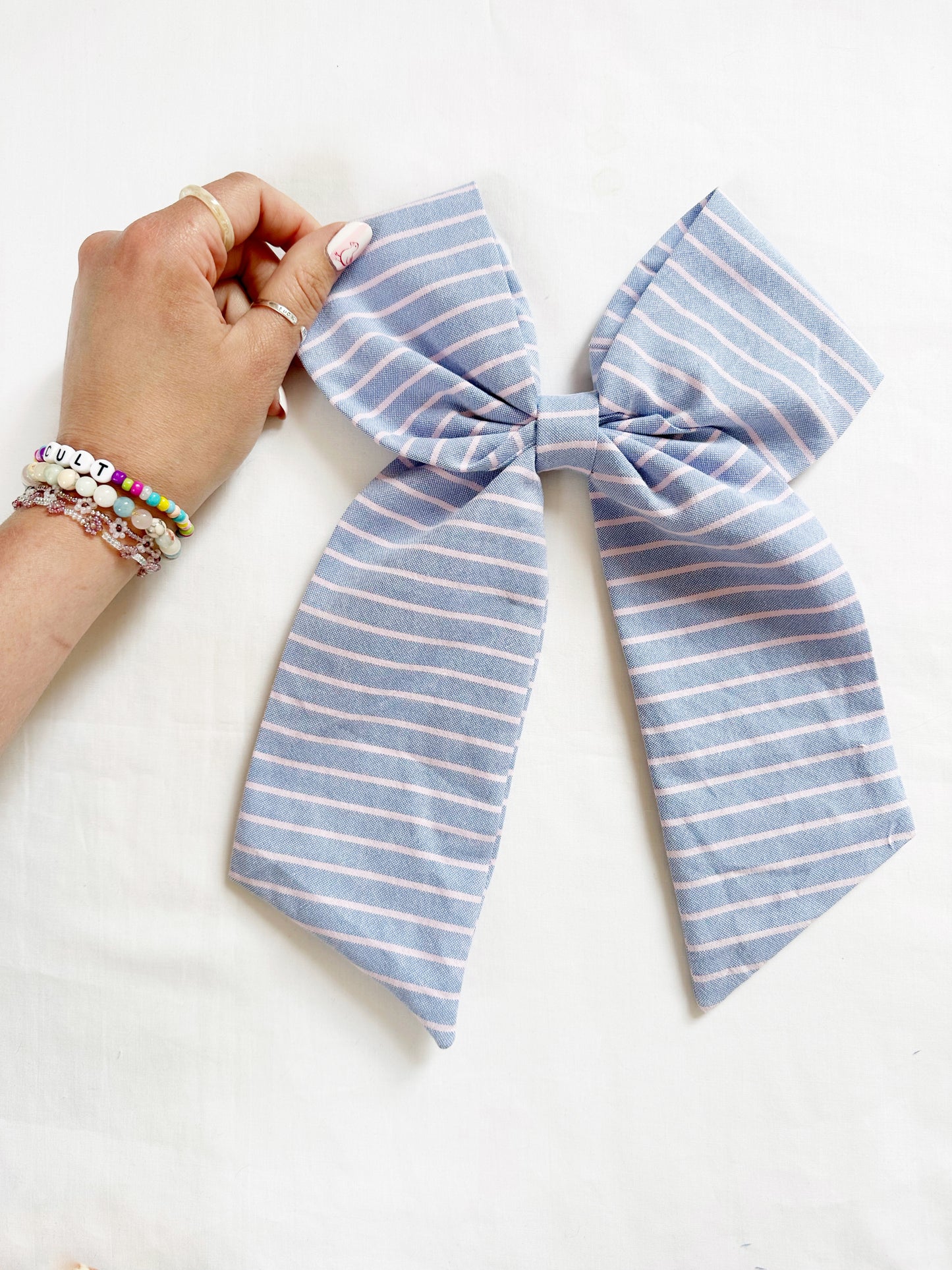 POWER Hair Bow in blue and pink stripe