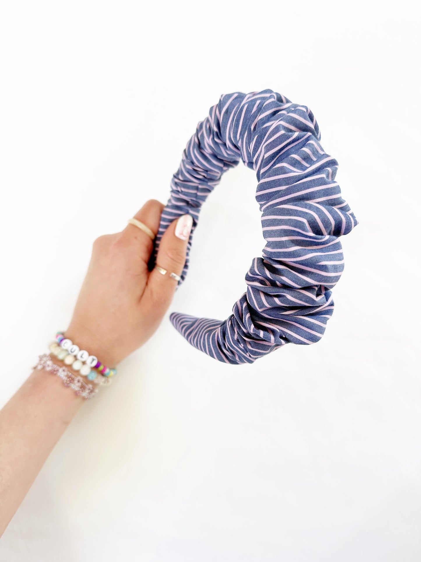 Ruffle Headband in navy and pink stripe