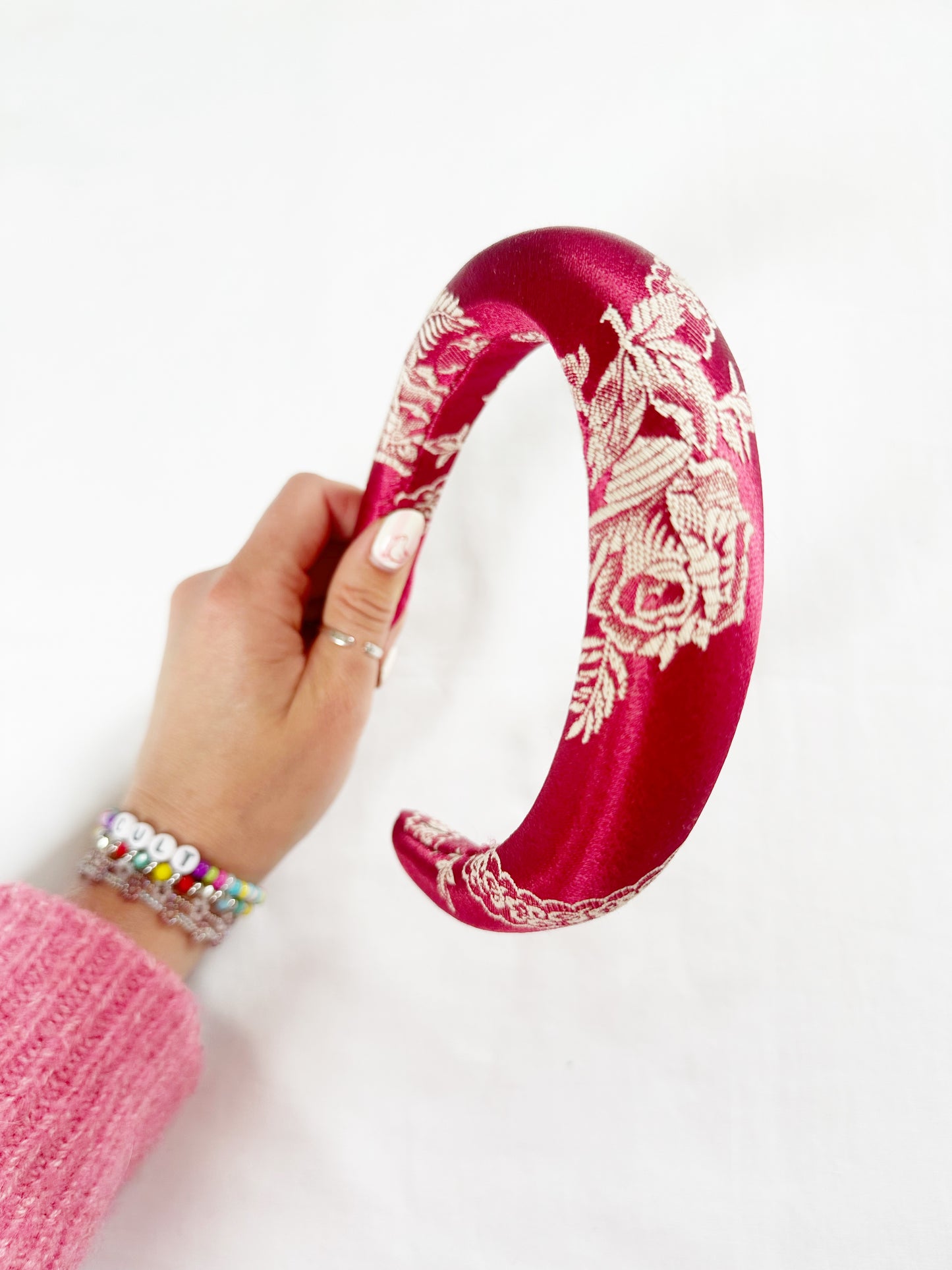 Padded Headband in rose silk brocade