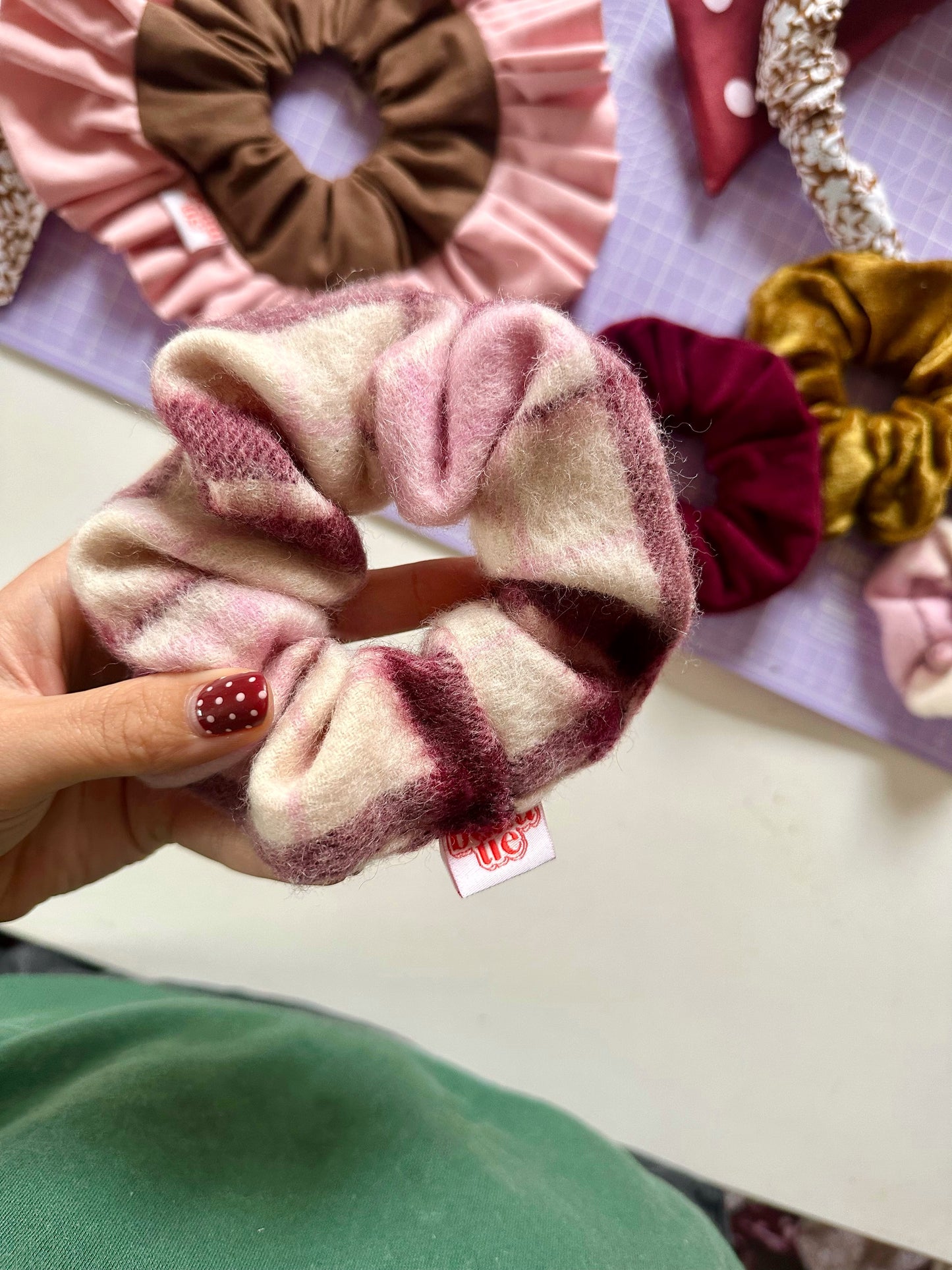 OG scrunchie in berry pink tartan wool