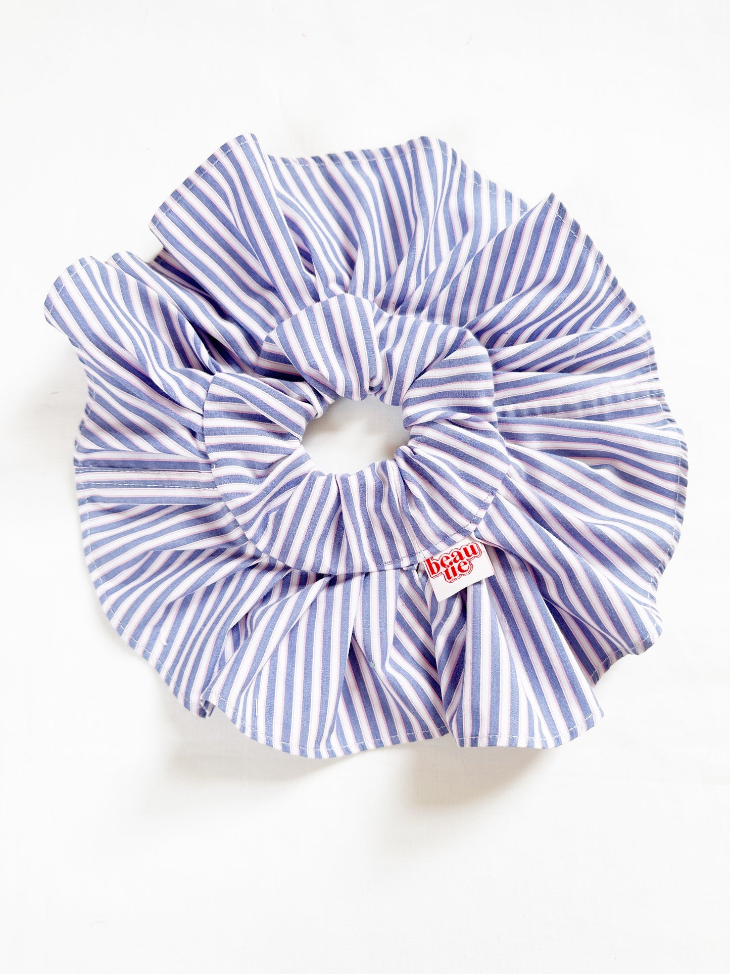 Mini ruffle scrunchie in blue and white stripe cotton