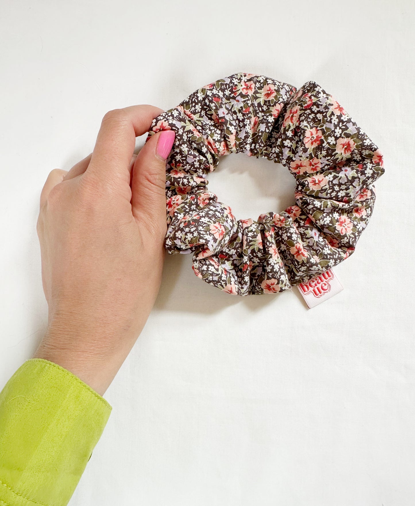 OG scrunchie in peach and lilac floral