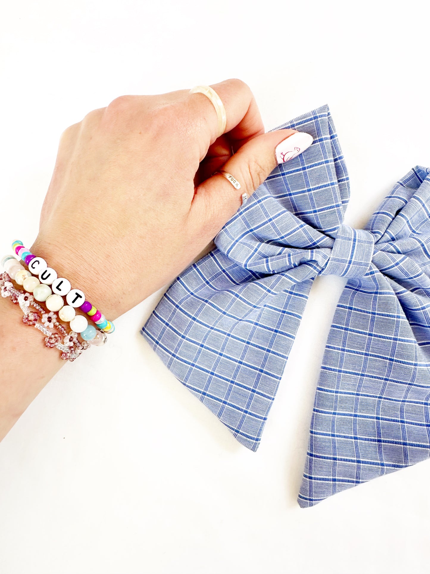 Beau hair bow in blue check