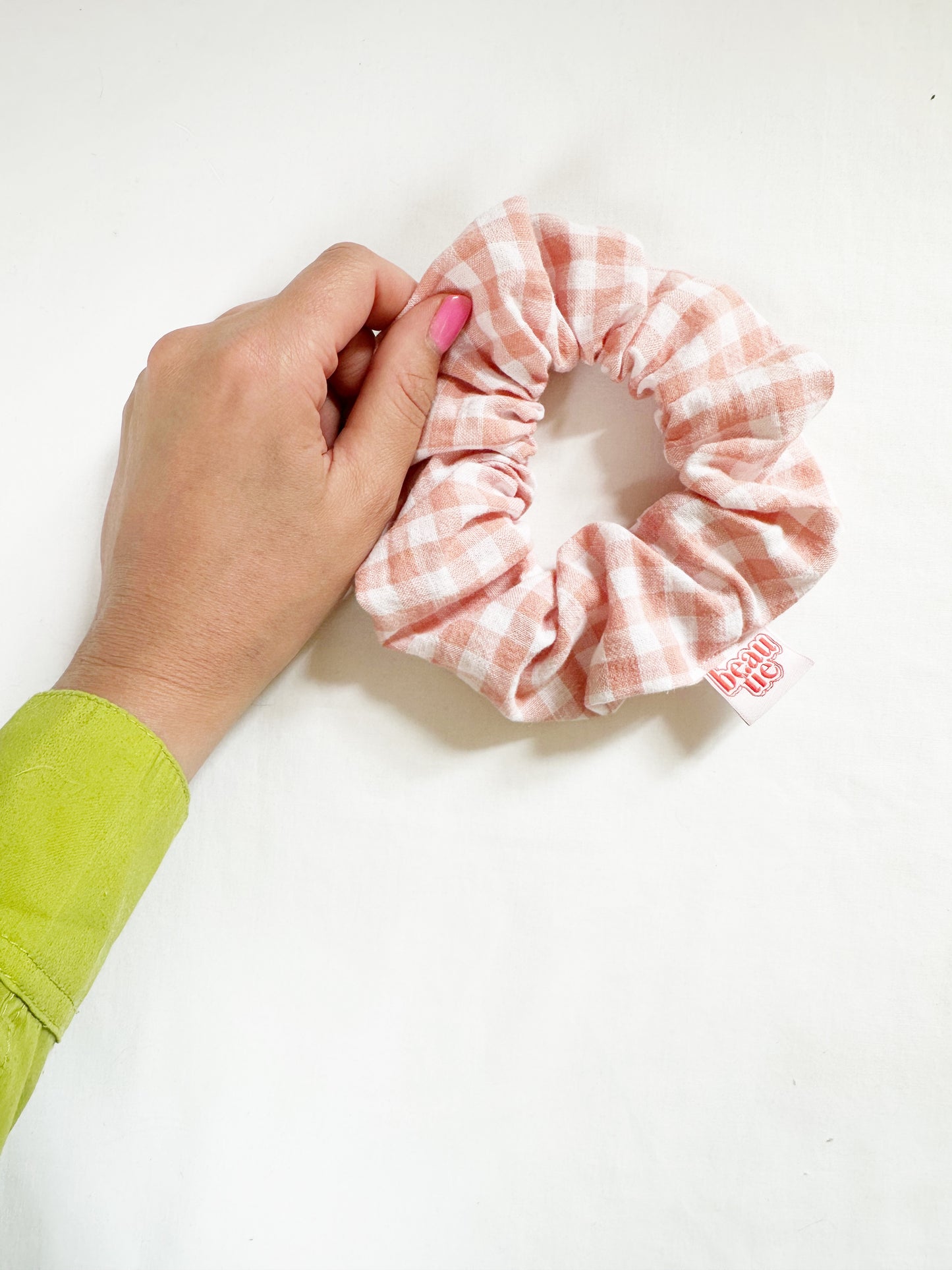 OG scrunchie in peach gingham