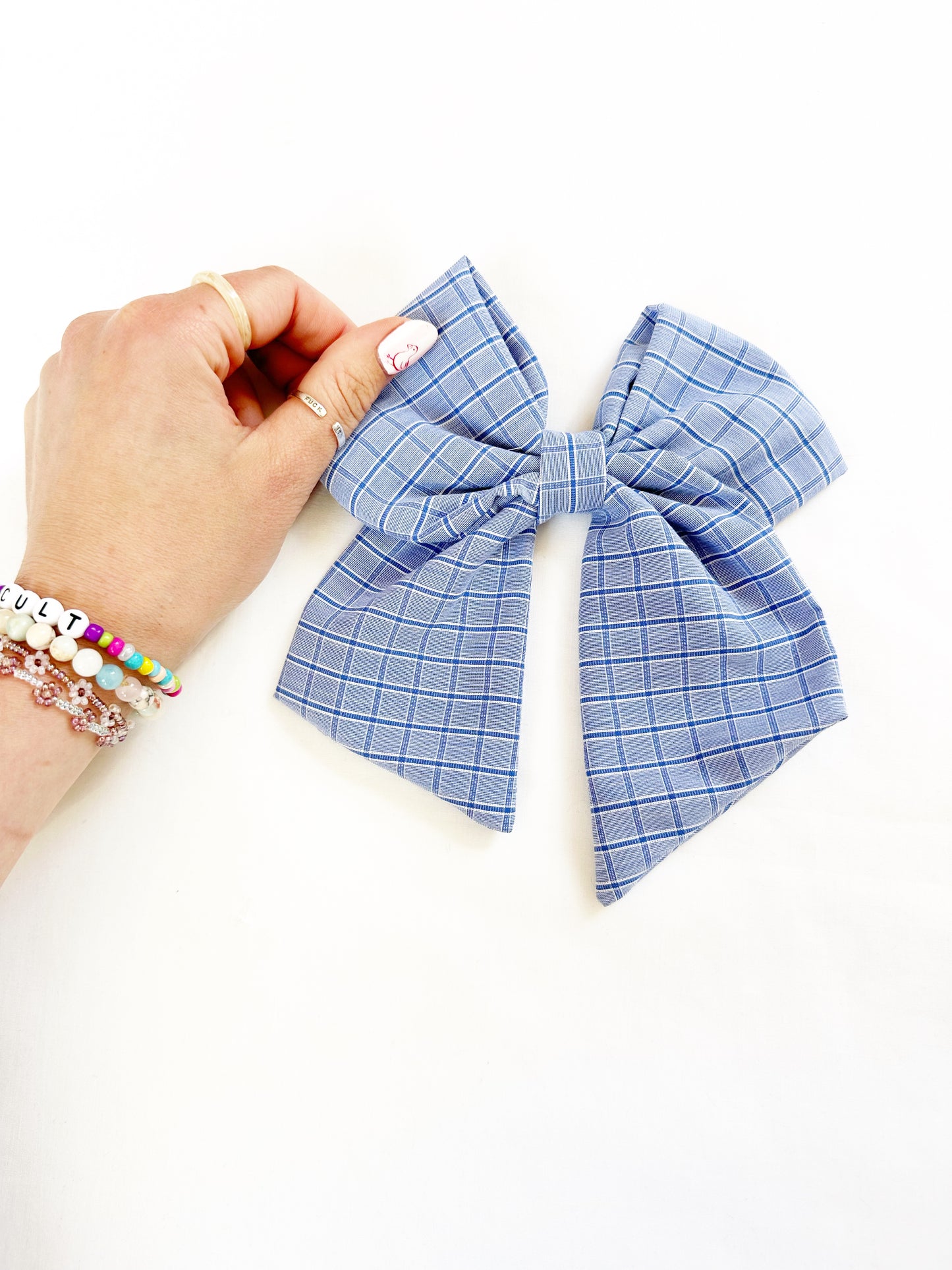 Beau hair bow in blue check