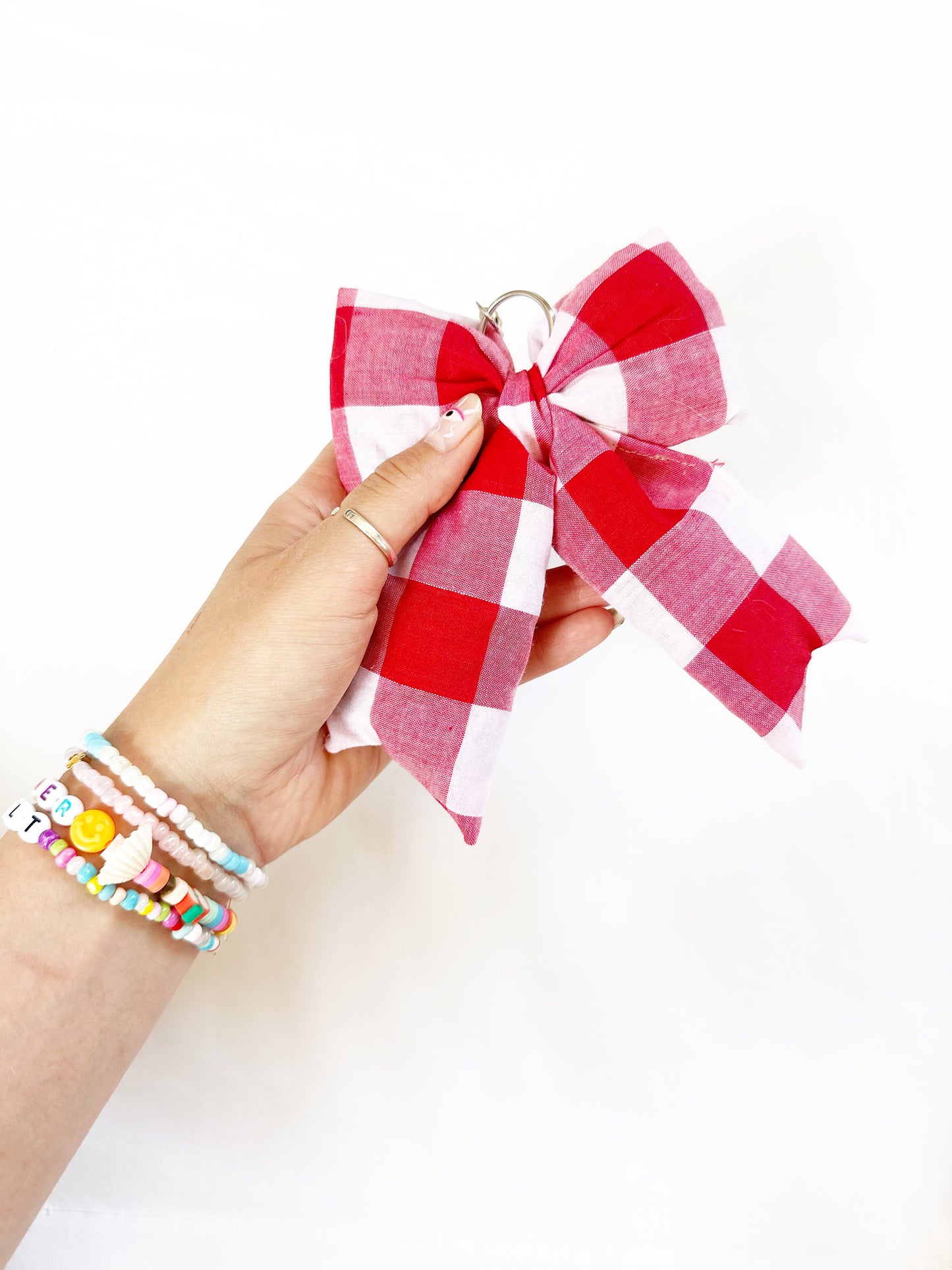 Puffy bow bag charm in red gingham
