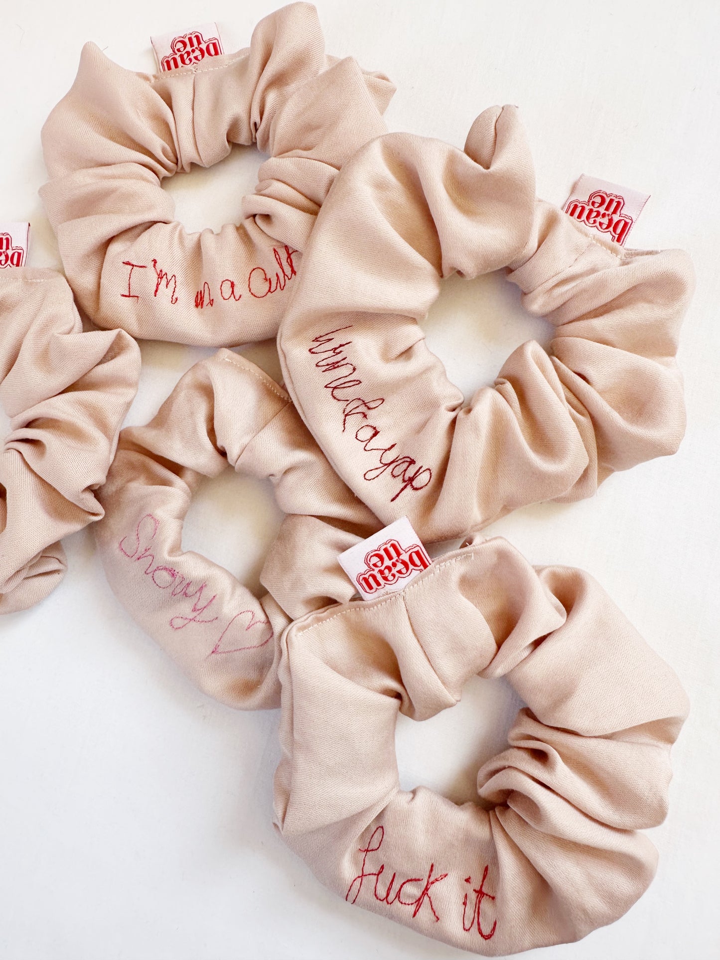 The Scribble Scrunchie - personalised embroidered word scrunchies in OG & mini