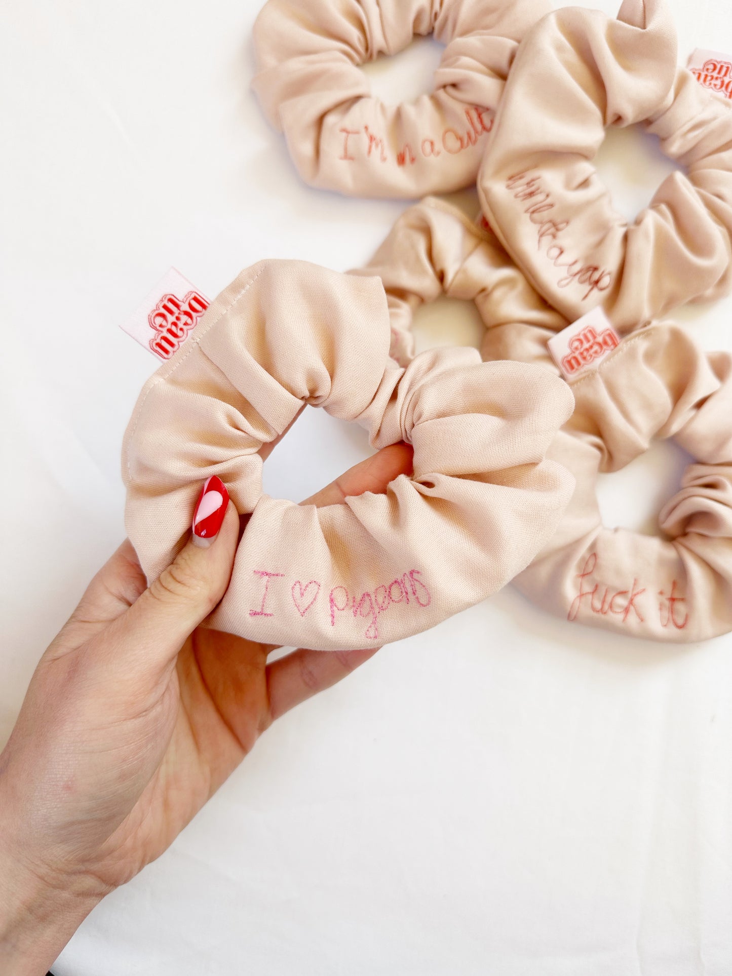 The Scribble Scrunchie - personalised embroidered word scrunchies in OG & mini
