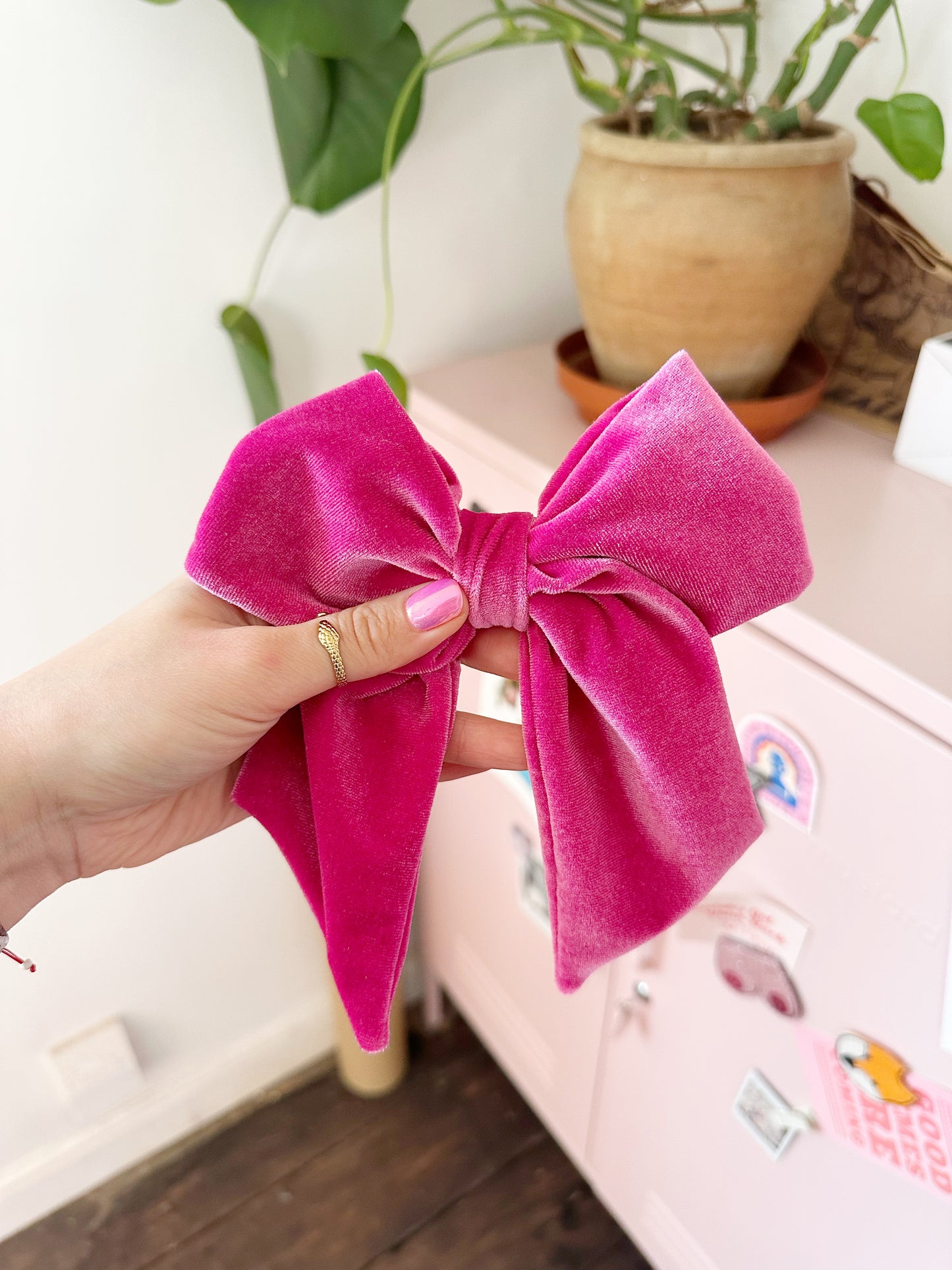 Beau hair bow in hot pink velour velvet
