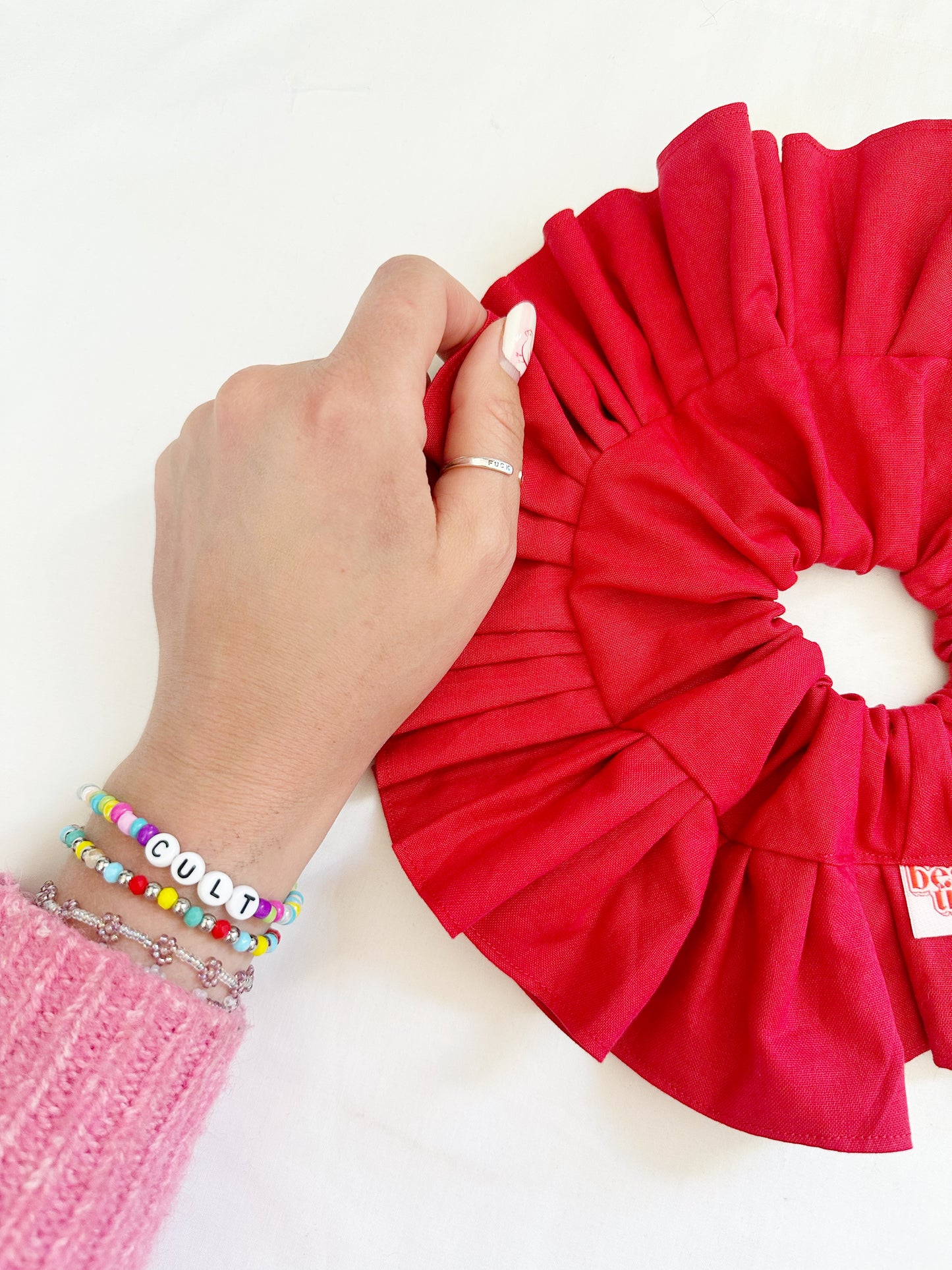 Oversized frilly scrunchie in tomato red cotton