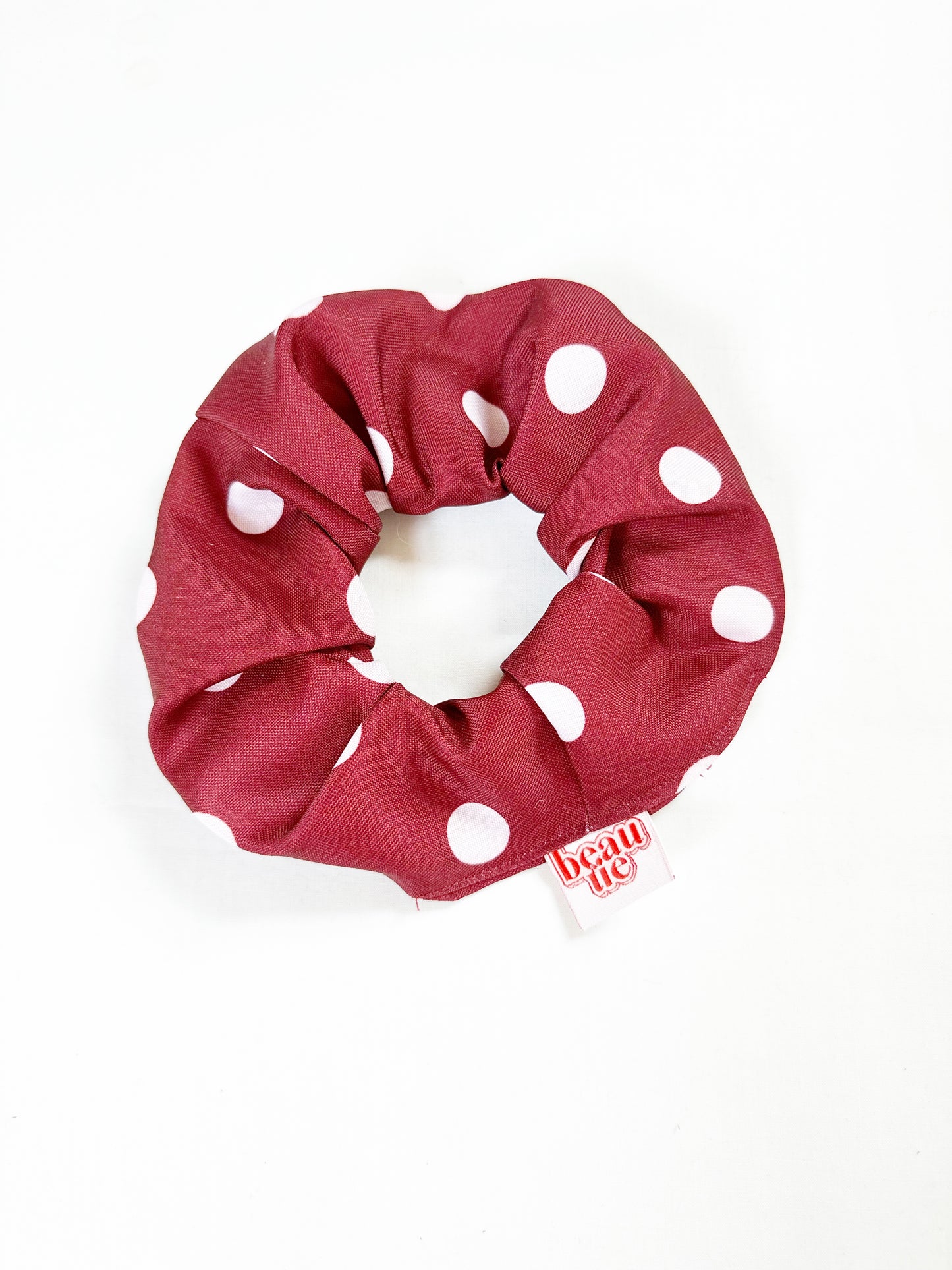 OG scrunchie in burgundy polka dot