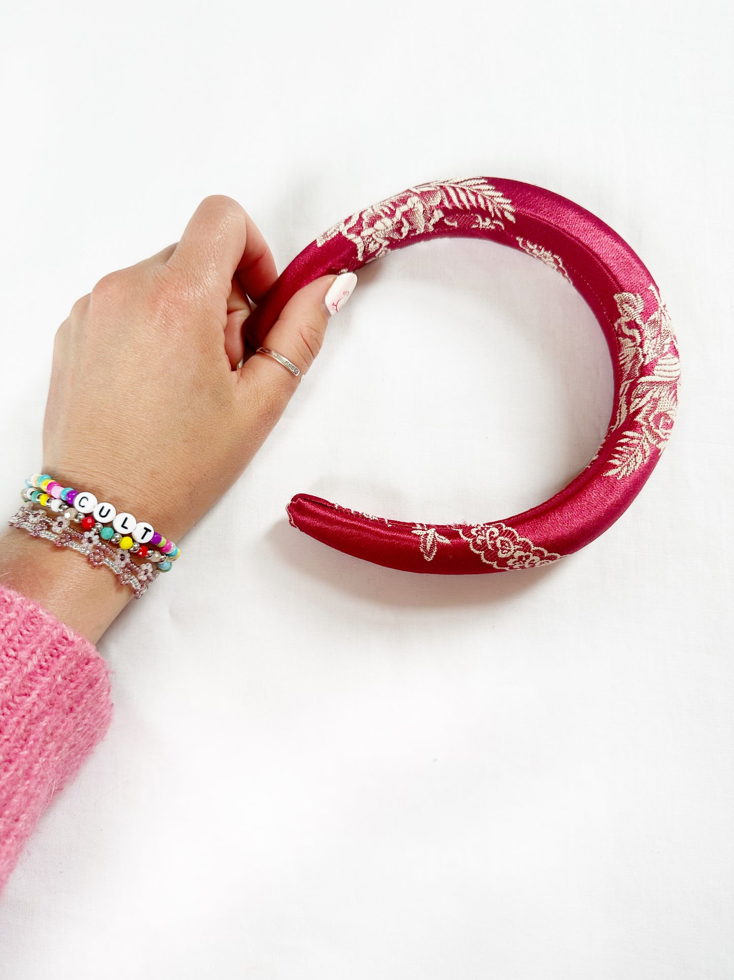 Padded Headband in rose silk brocade
