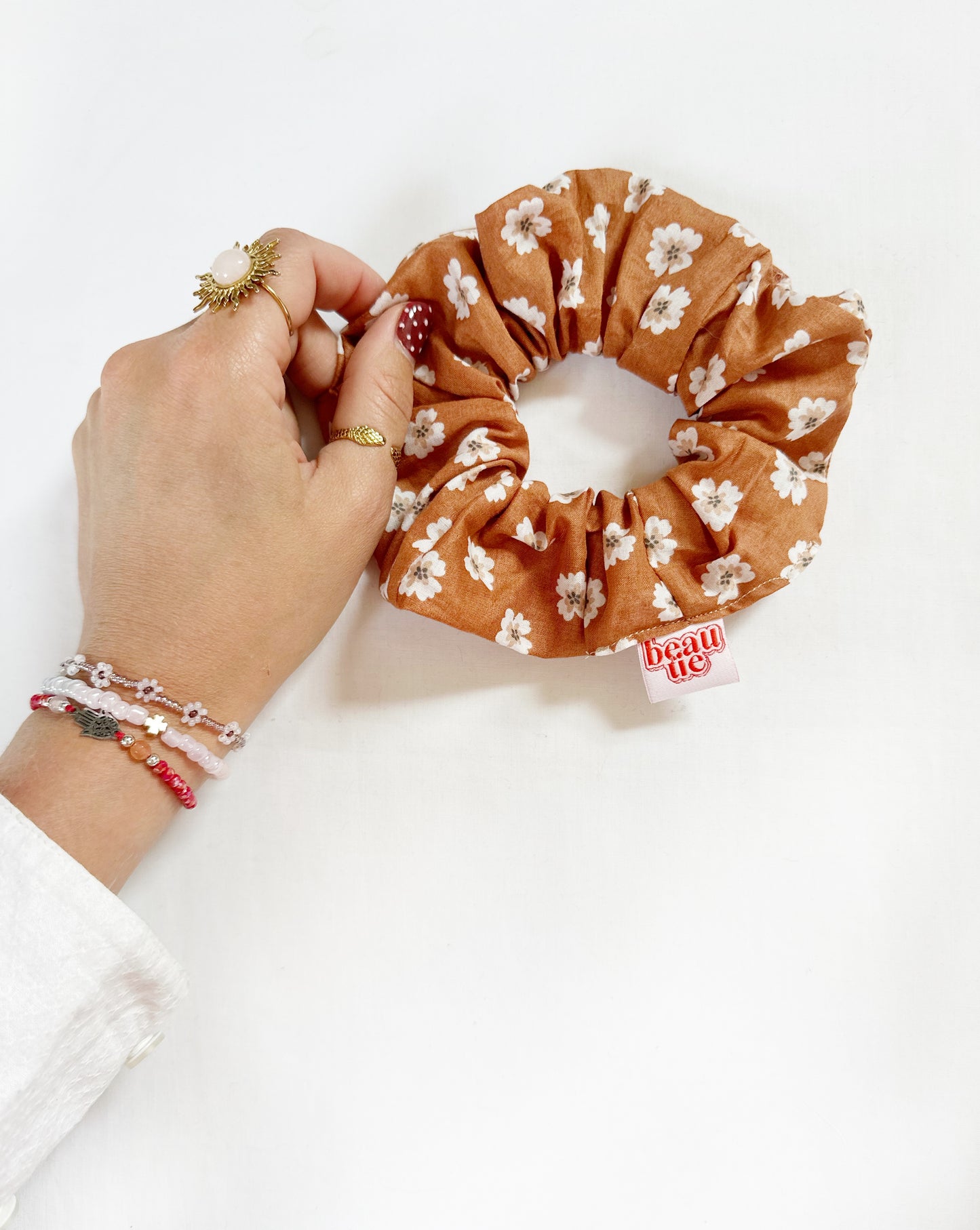 OG scrunchie in brown floral cotton