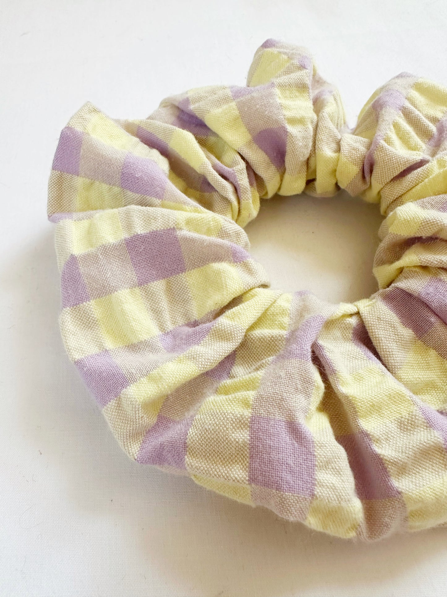 OG scrunchie in lilac and yellow gingham