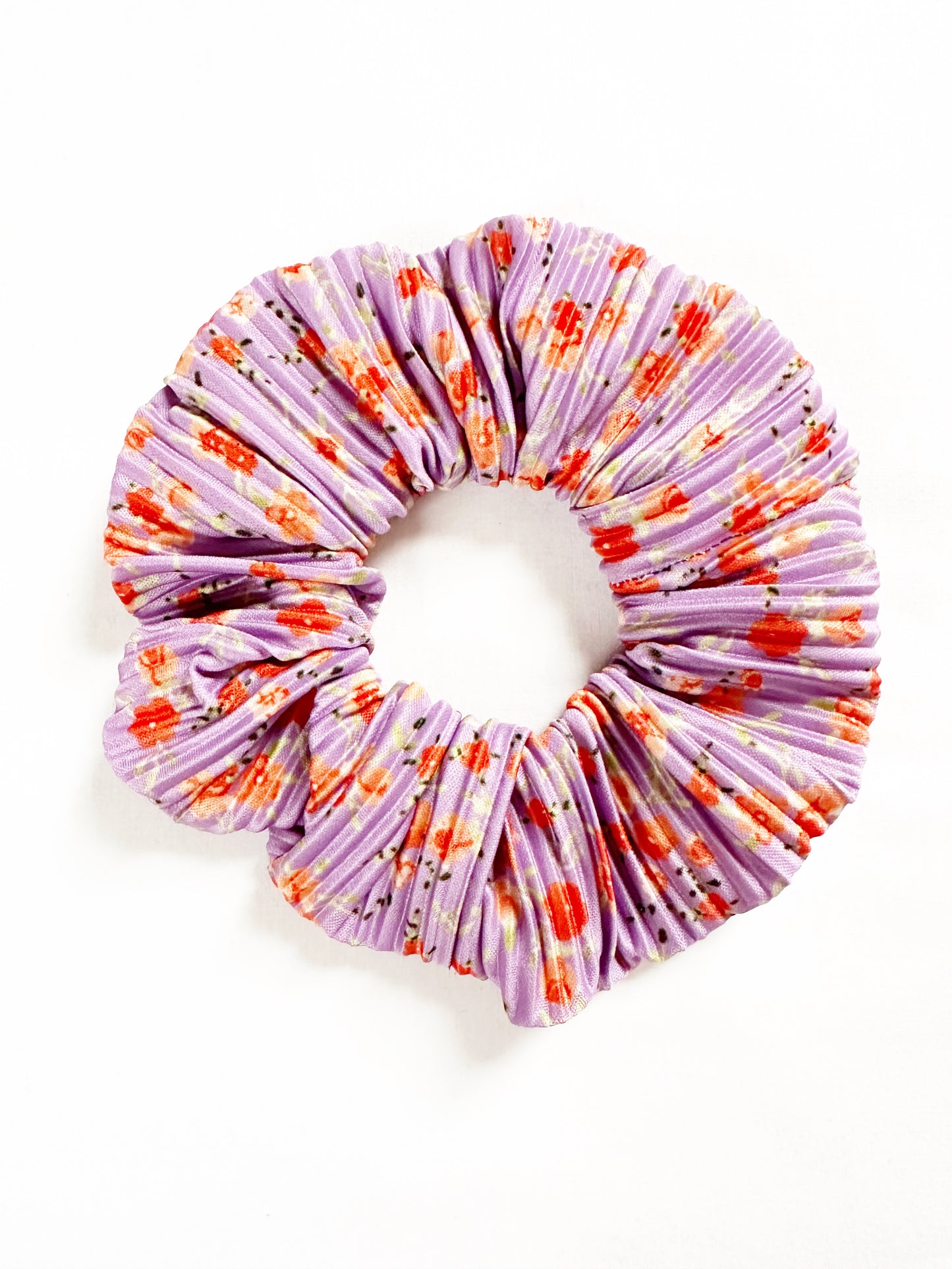 OG scrunchie in lilac orange floral plisse