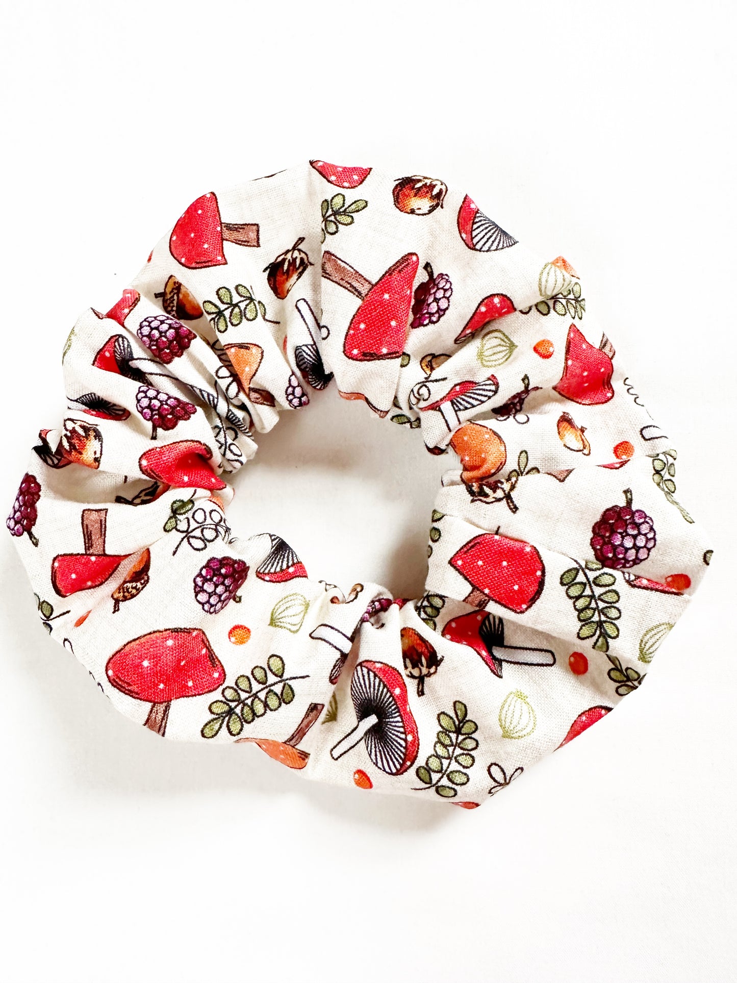 OG scrunchie in toadstool print cotton