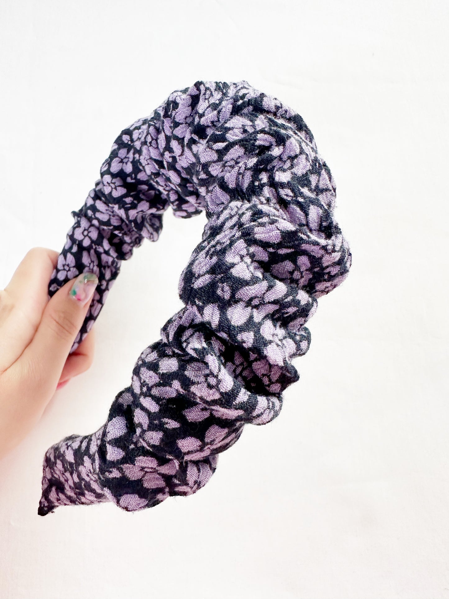 Ruffled Headband in lilac navy floral