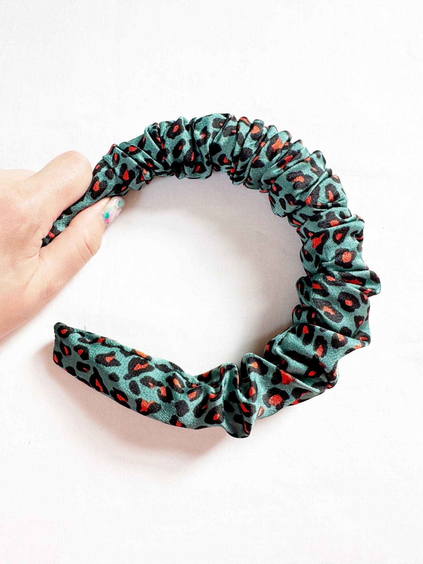 Ruffled Headband in green leopard silk