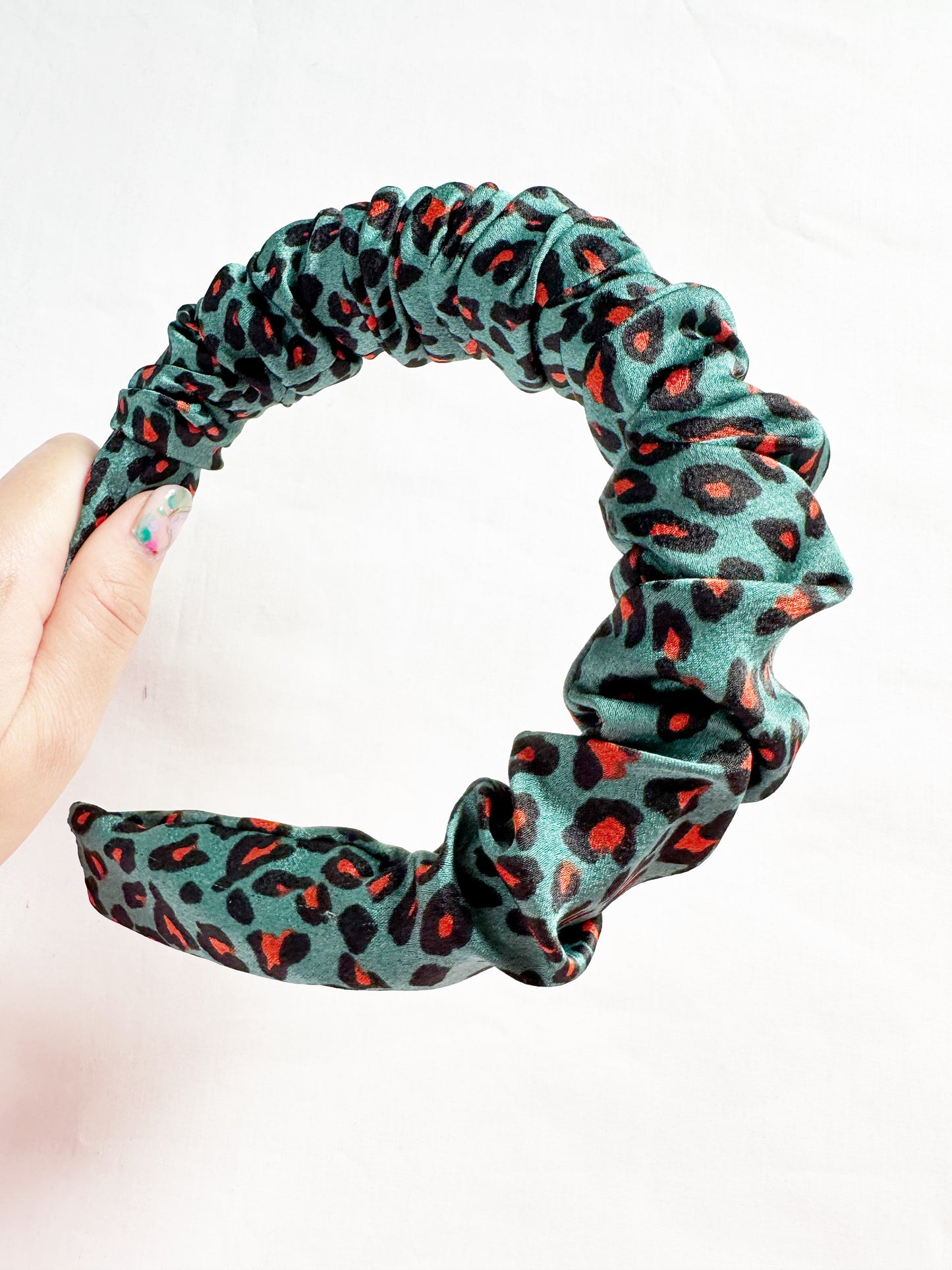 Ruffled Headband in green leopard silk