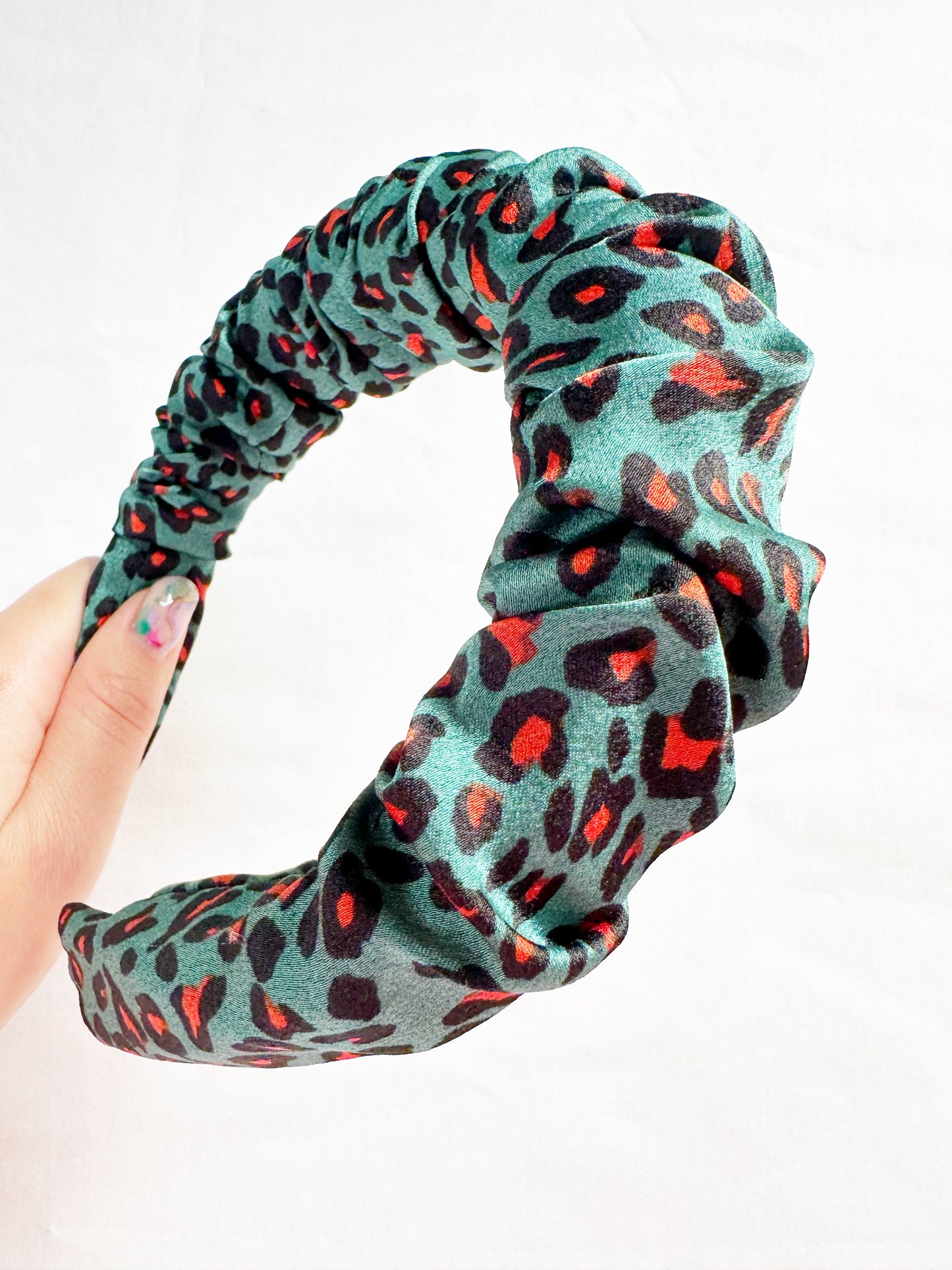 Ruffled Headband in green leopard silk