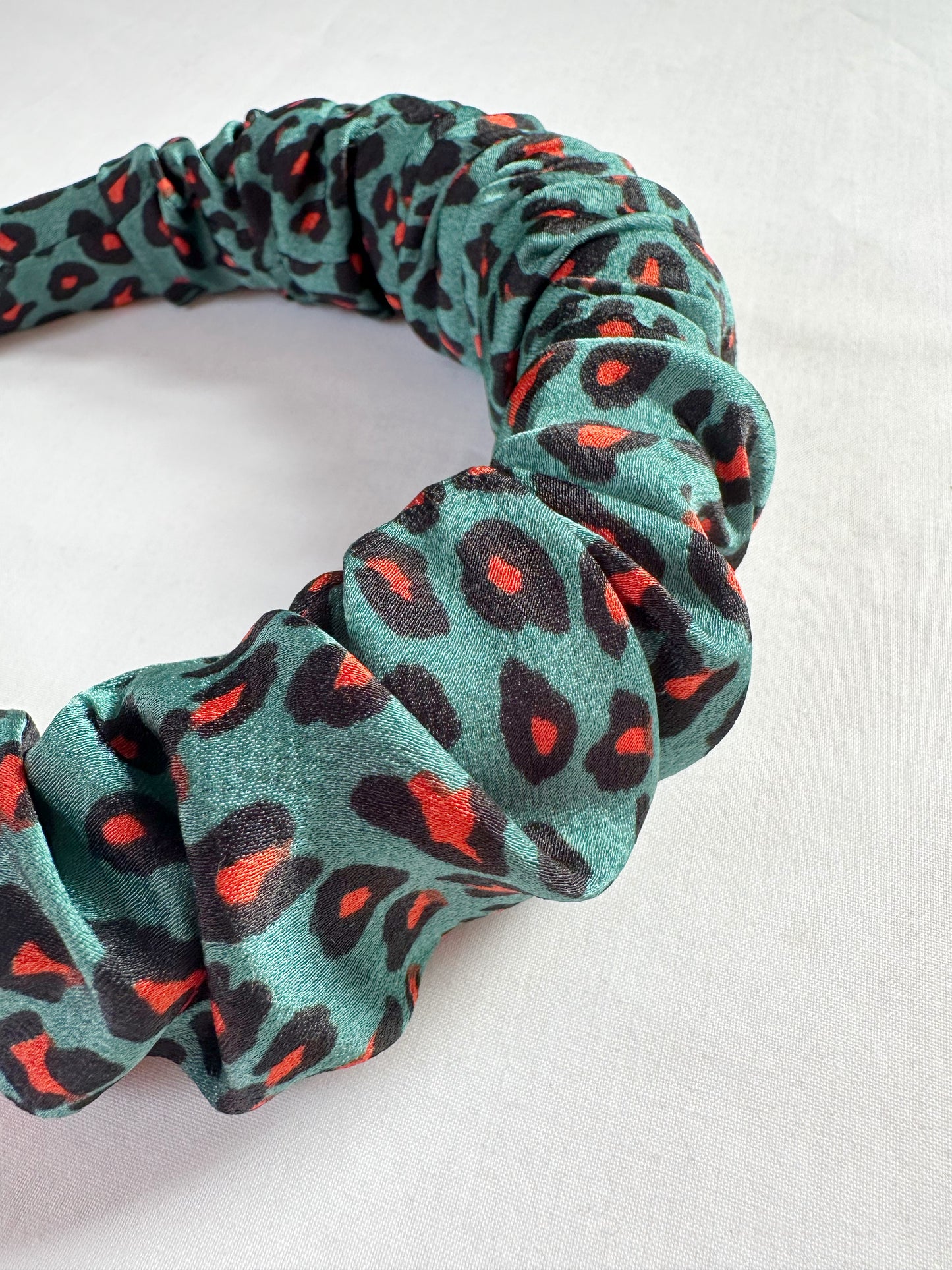 Ruffled Headband in green leopard silk