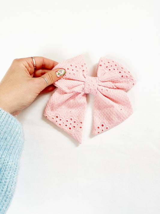 Hair Bow in pink broderie