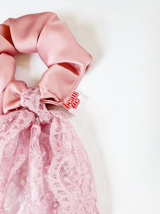 Lace bow scrunchie in silky ballet pink