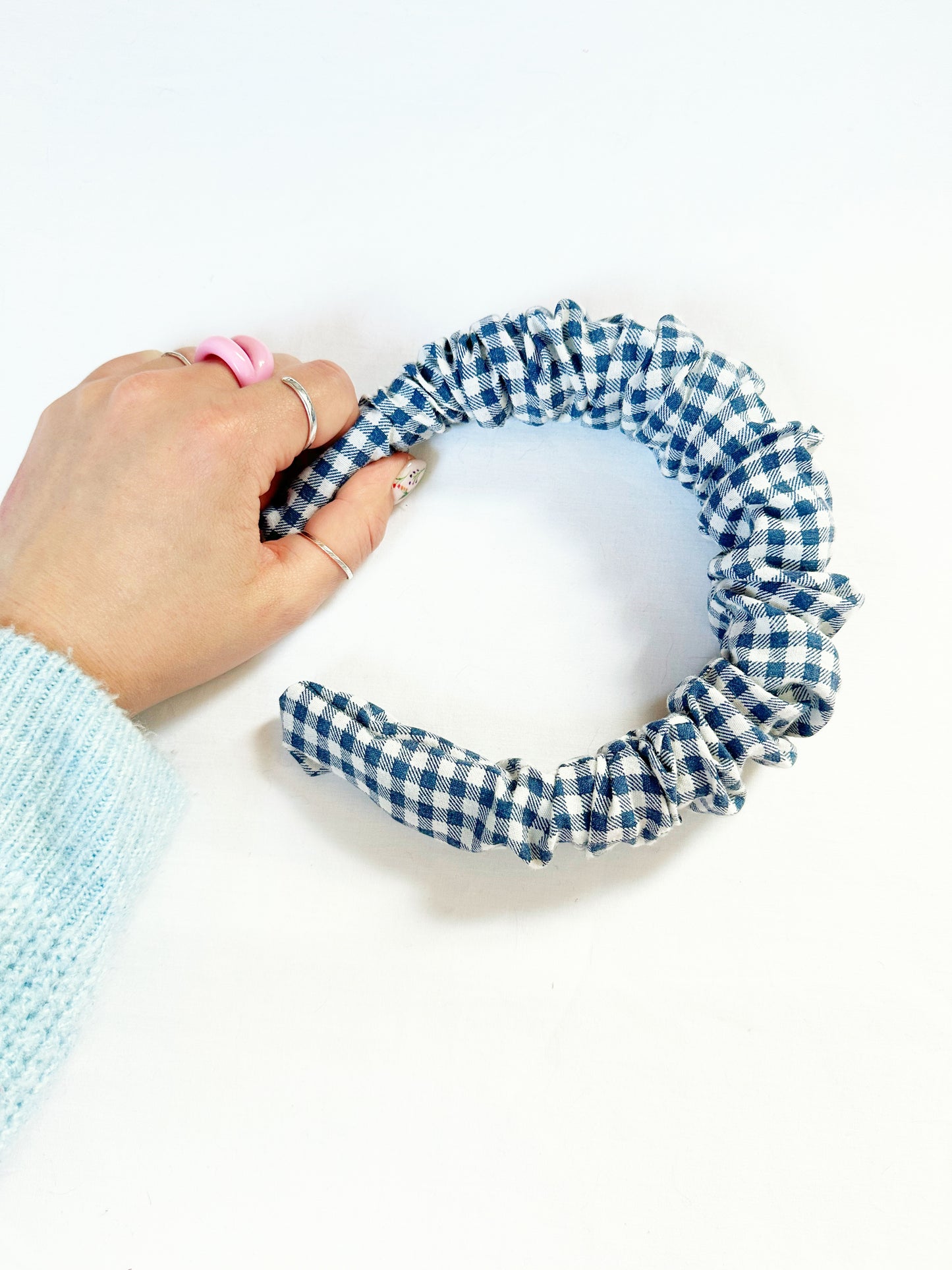 Ruffle Headband in navy gingham