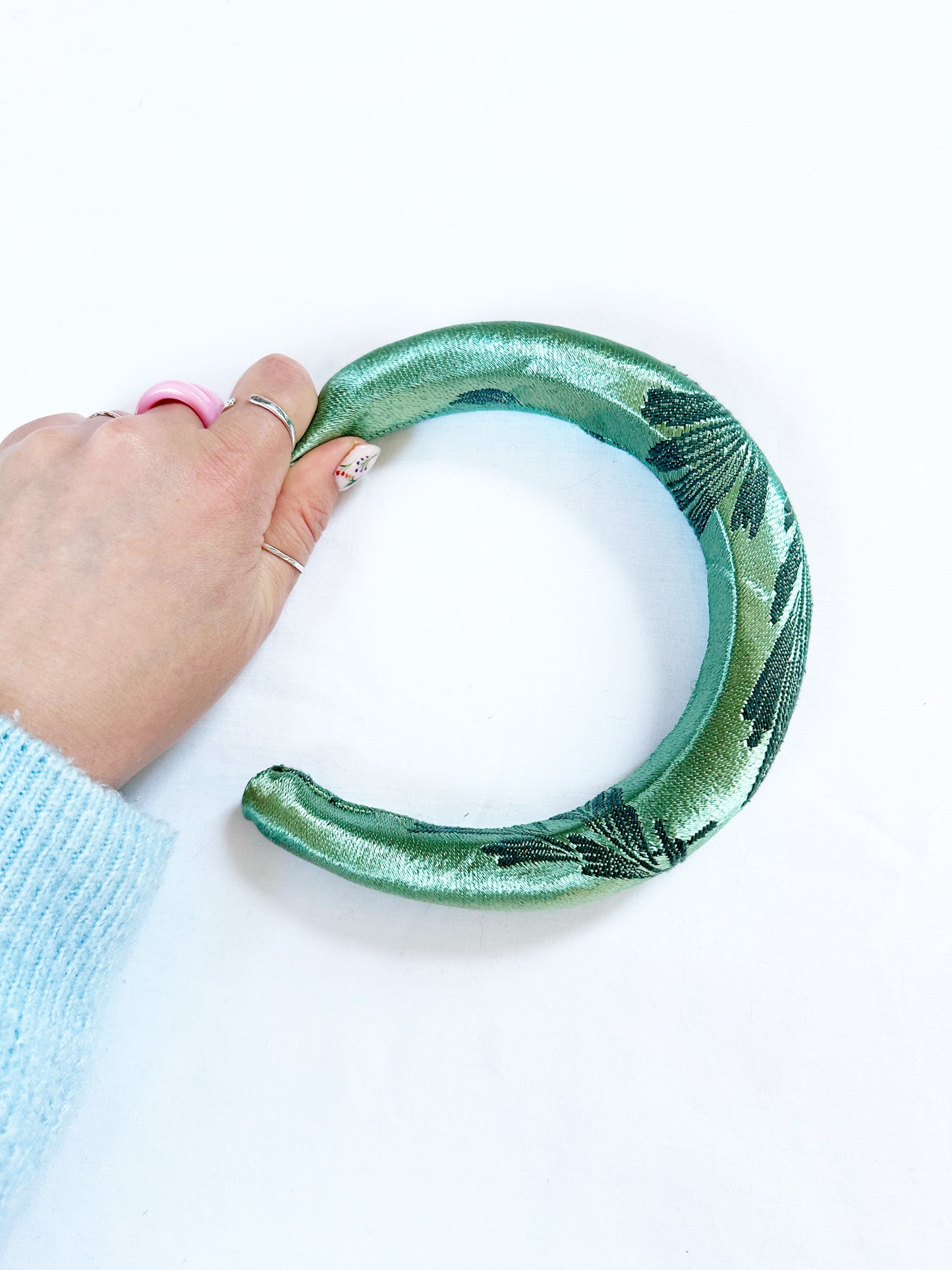 Padded Headband in deep mint silk brocade