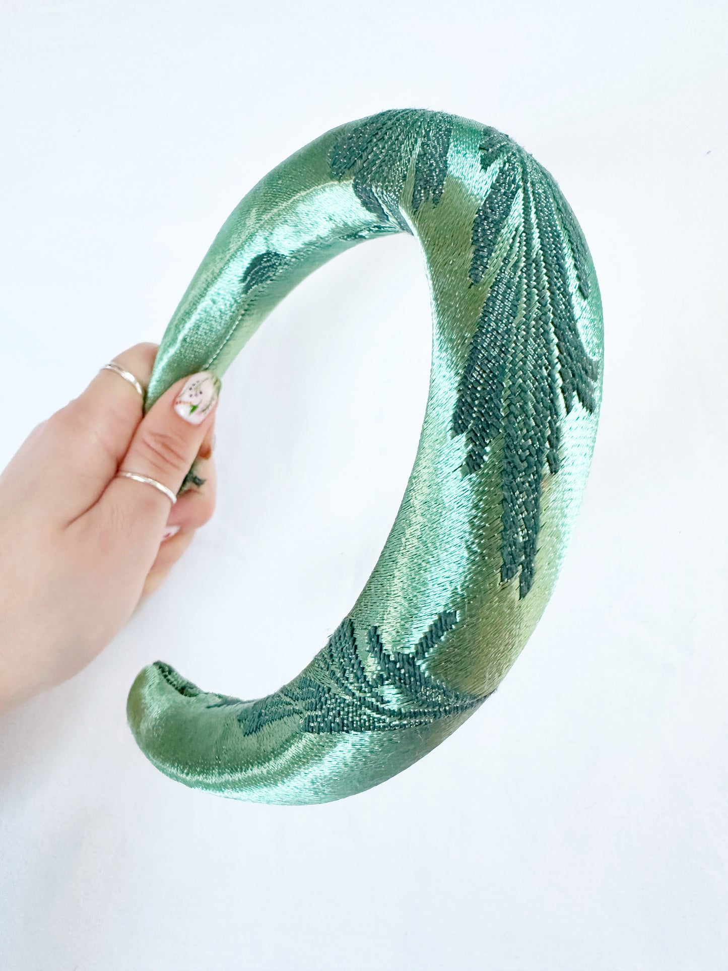 Padded Headband in deep mint silk brocade