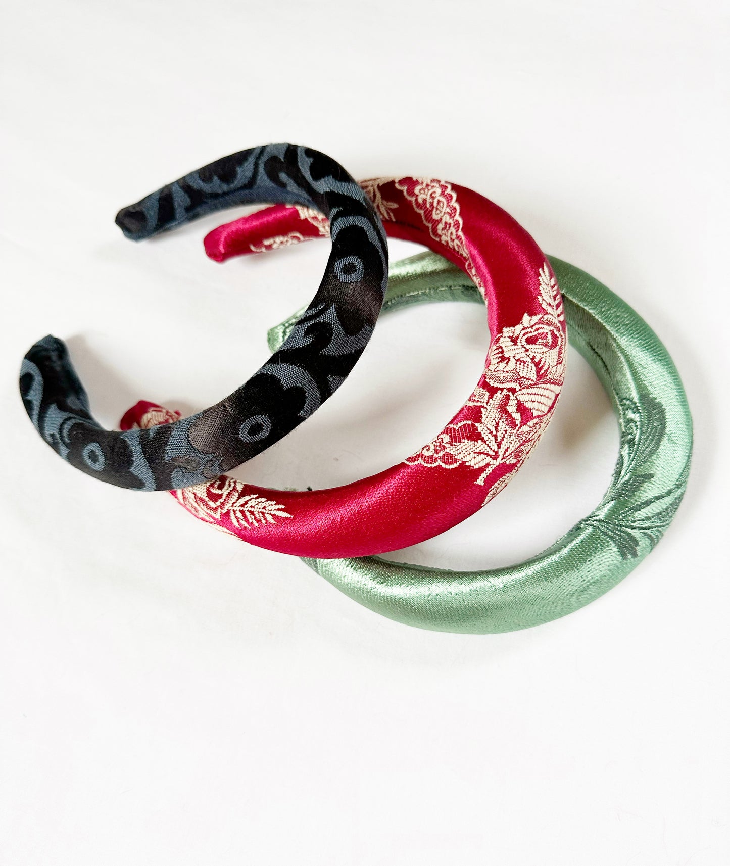 Padded Headband in deep mint silk brocade