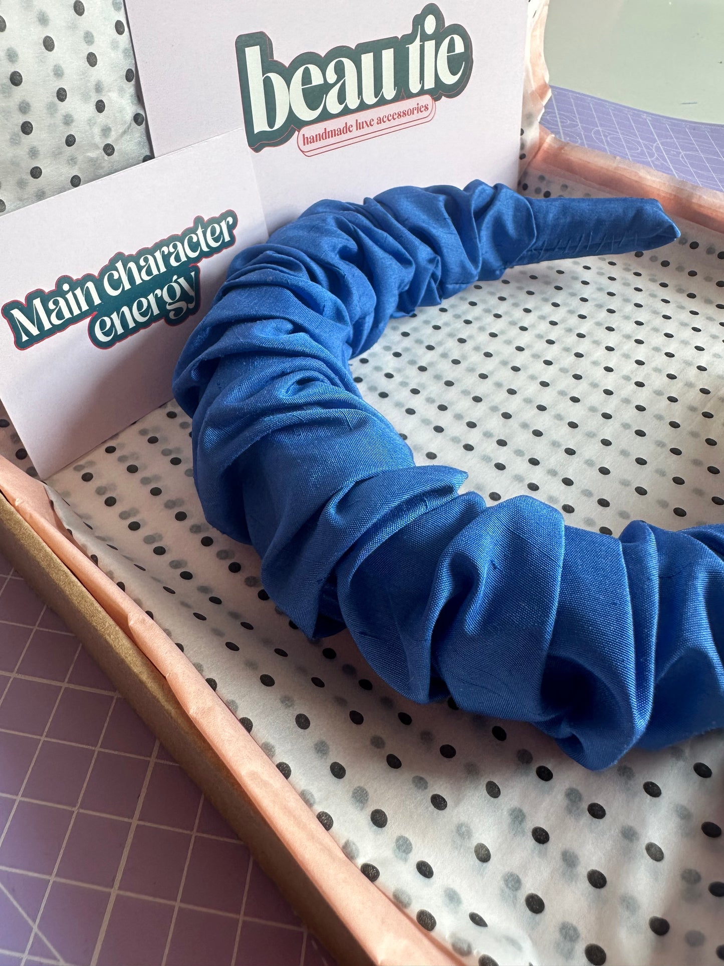 Ruffled Headband in Cobalt Blue Taffeta