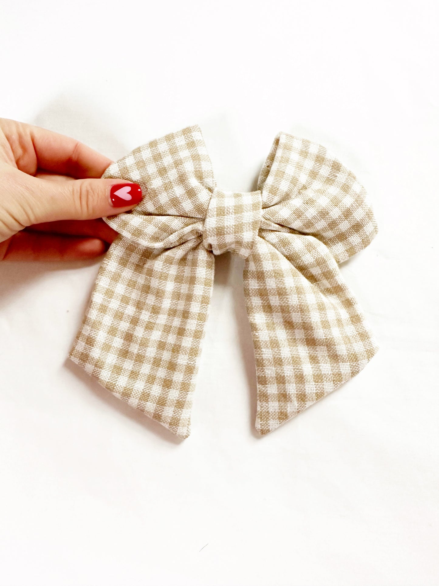 Hair Bow in taupe gingham linen