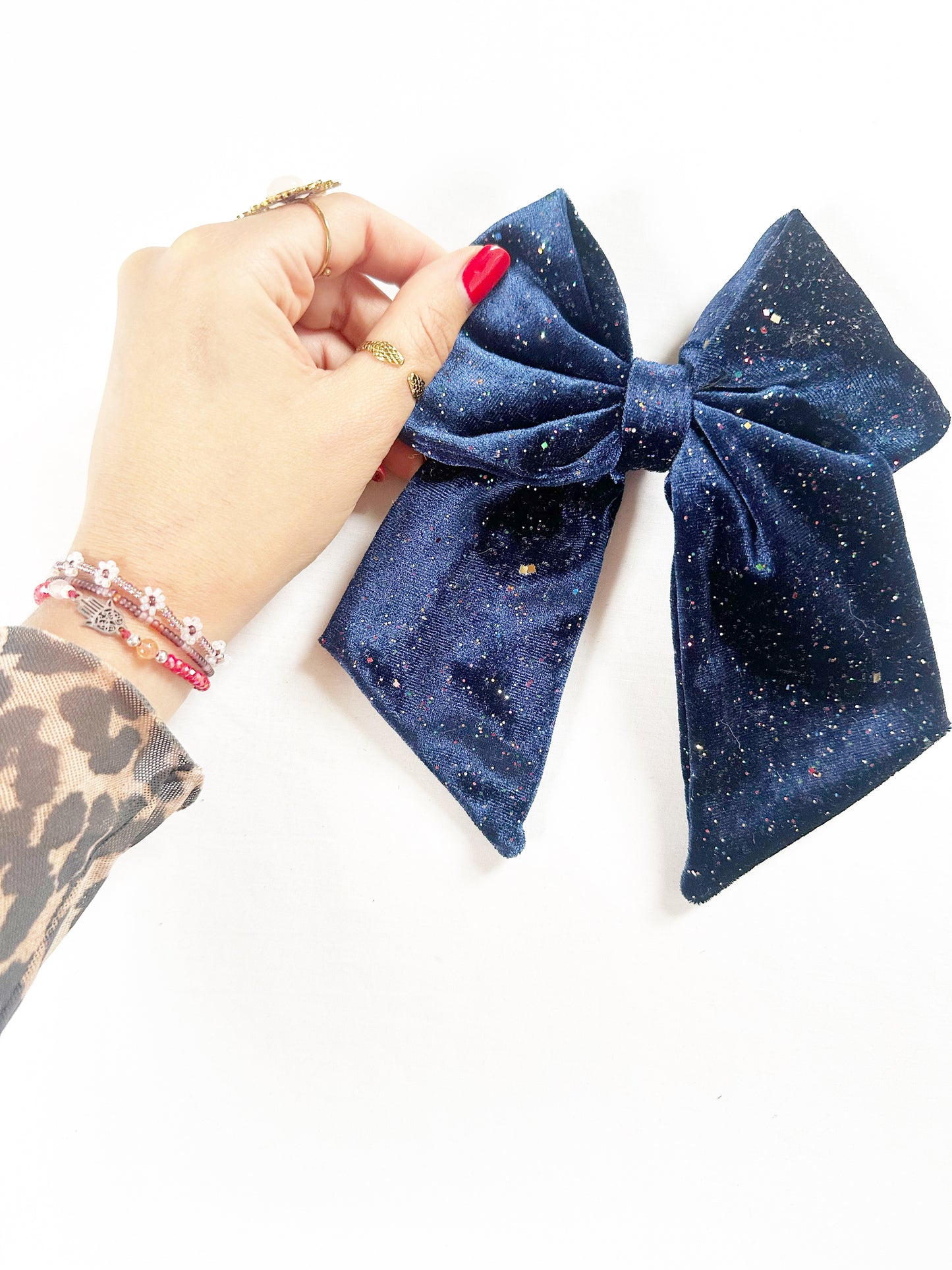 Beau hair bow in blue velvet glitter