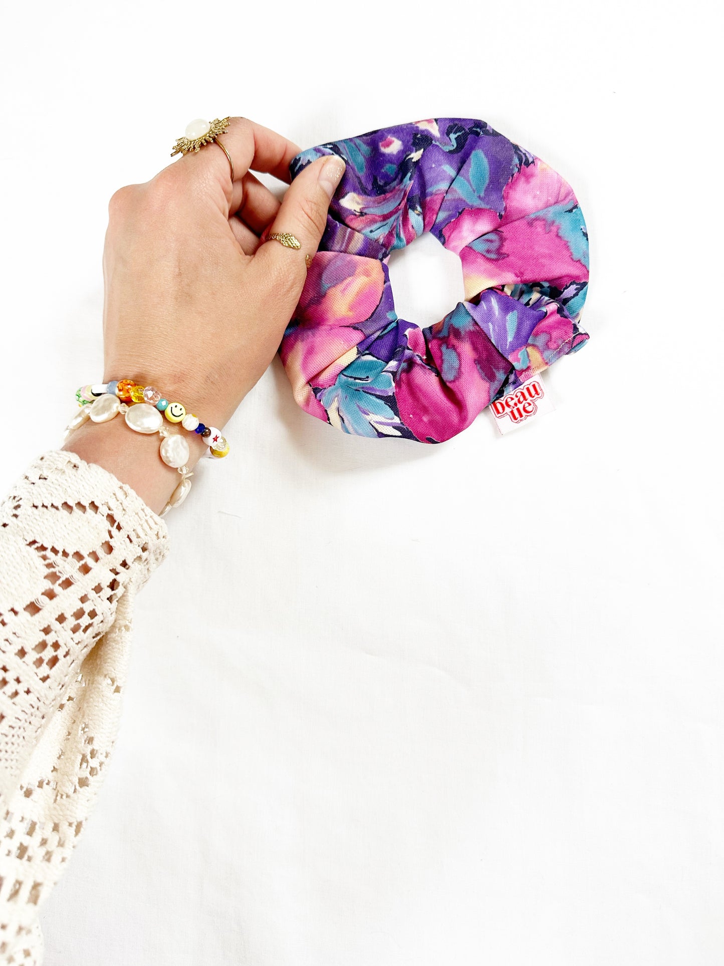 OG scrunchie in pink purple floral