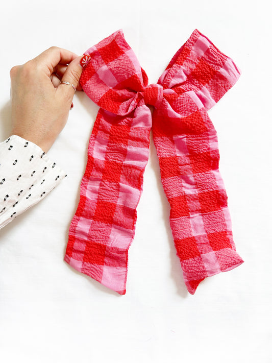 POWER Hair Bow in pink & red seersucker gingham