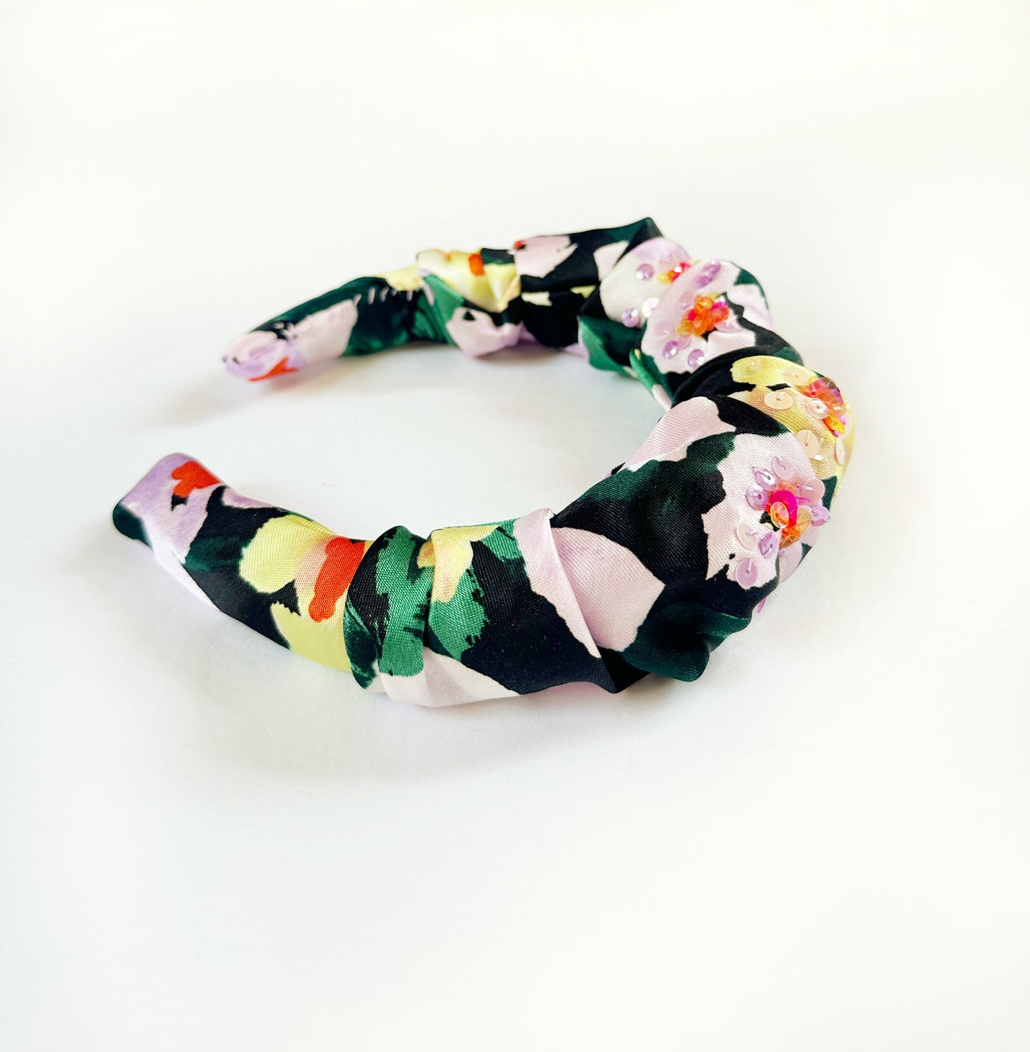 The Kate -  Ruffle Headband in silky floral sequins