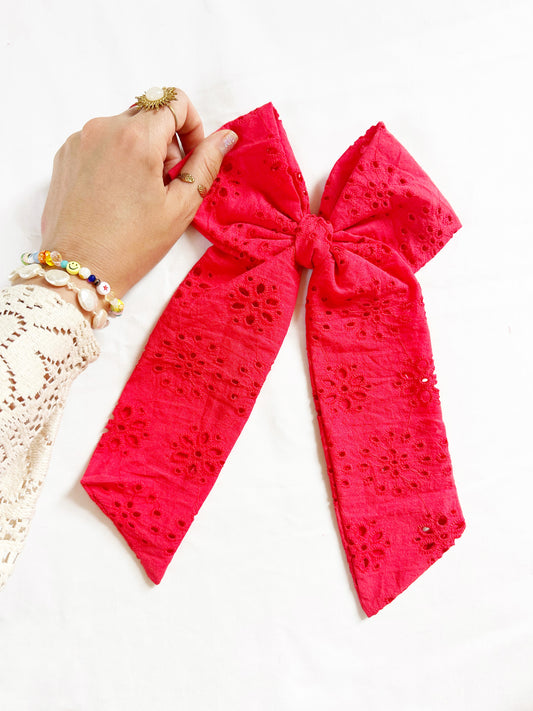 The Power Hair Bow in Red broderie anglaise