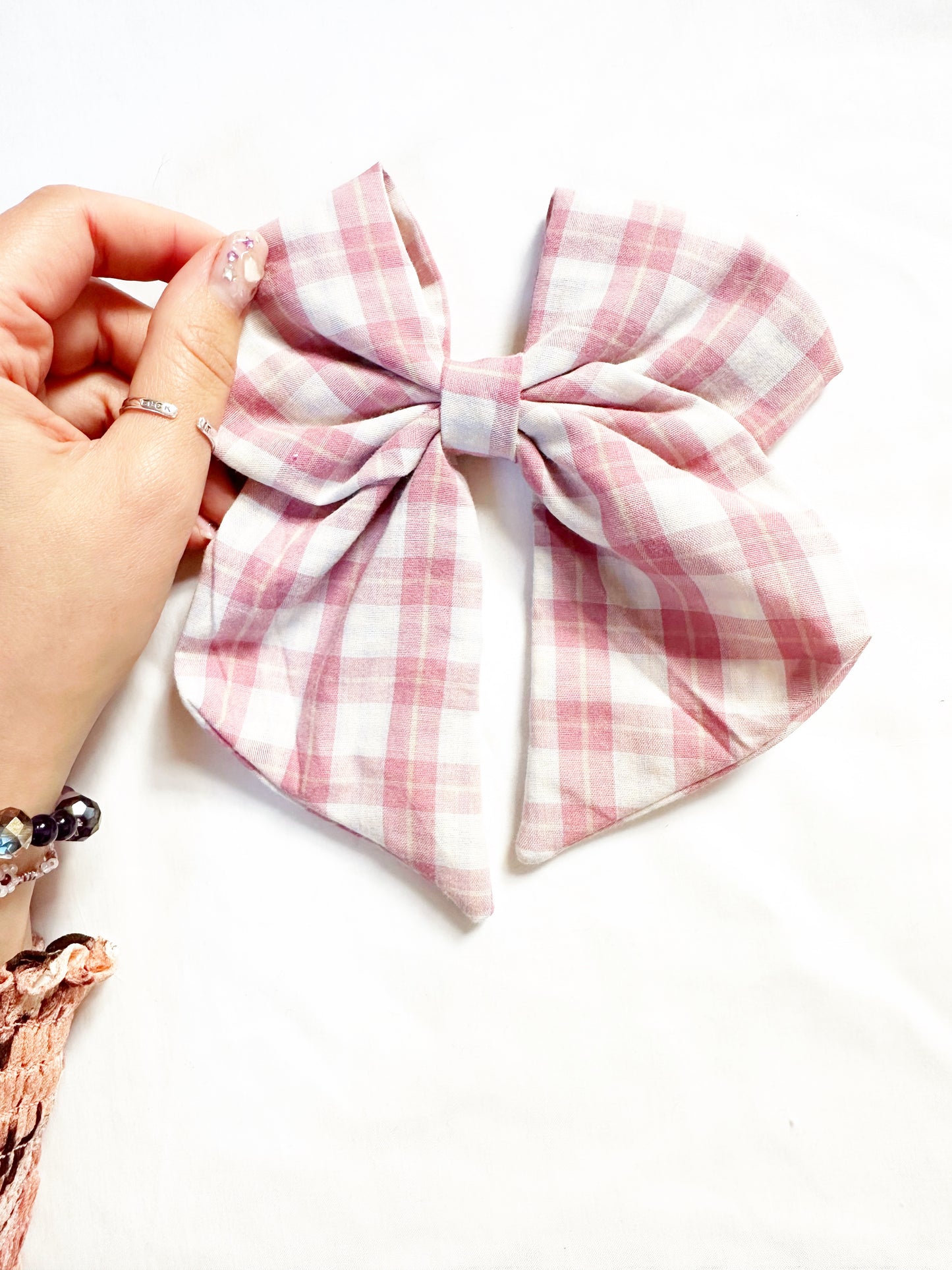 Hair Bow in pink and white tartan