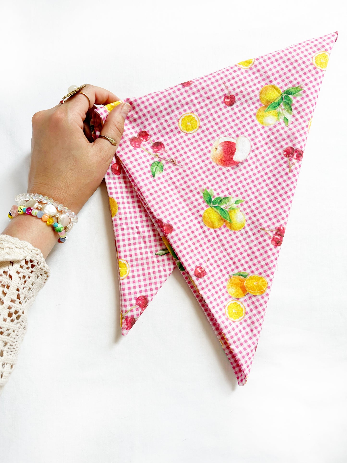 Bandana & neck scarf in gingham fruit print