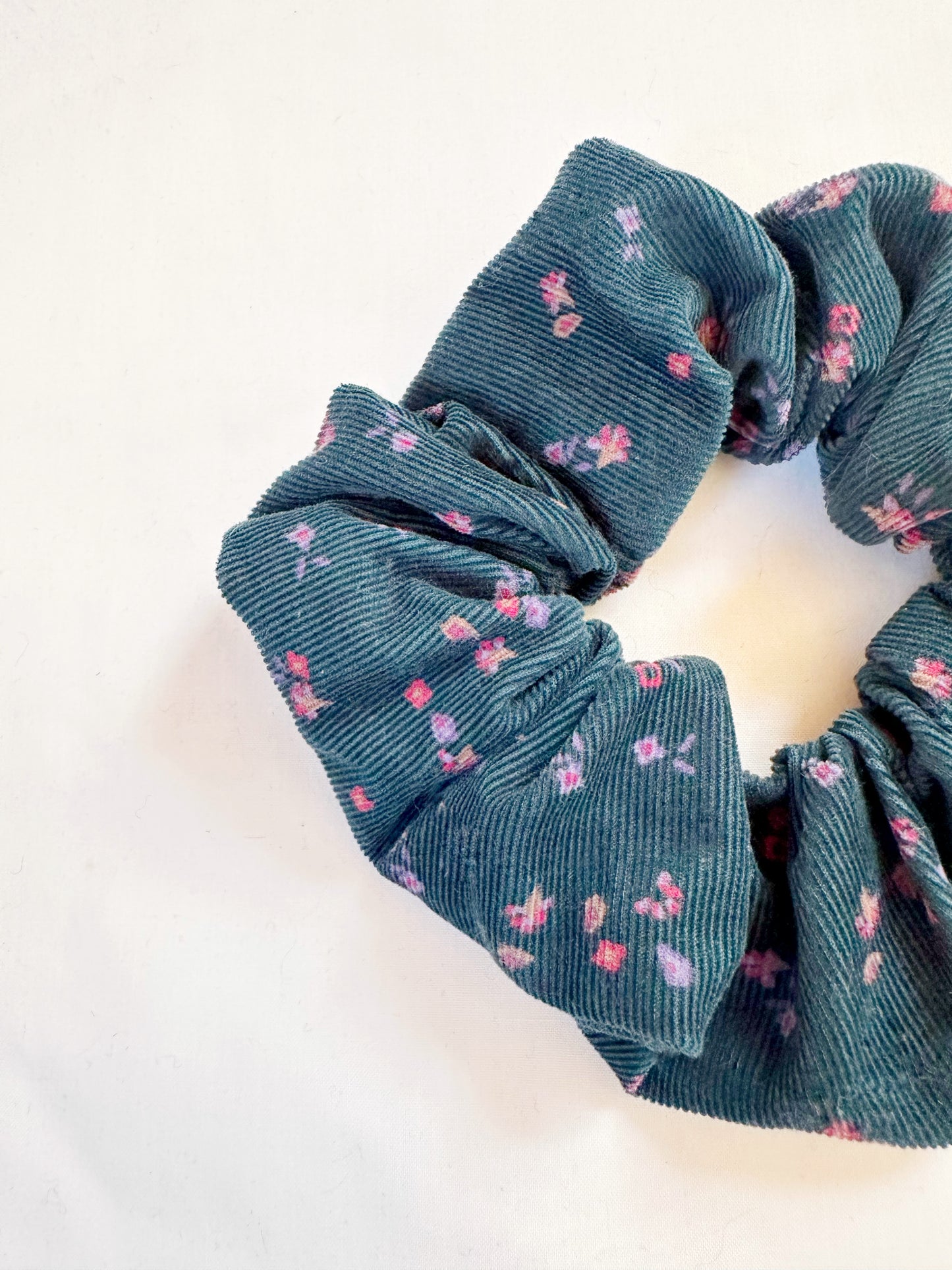 OG scrunchie in teal cord and pink floral