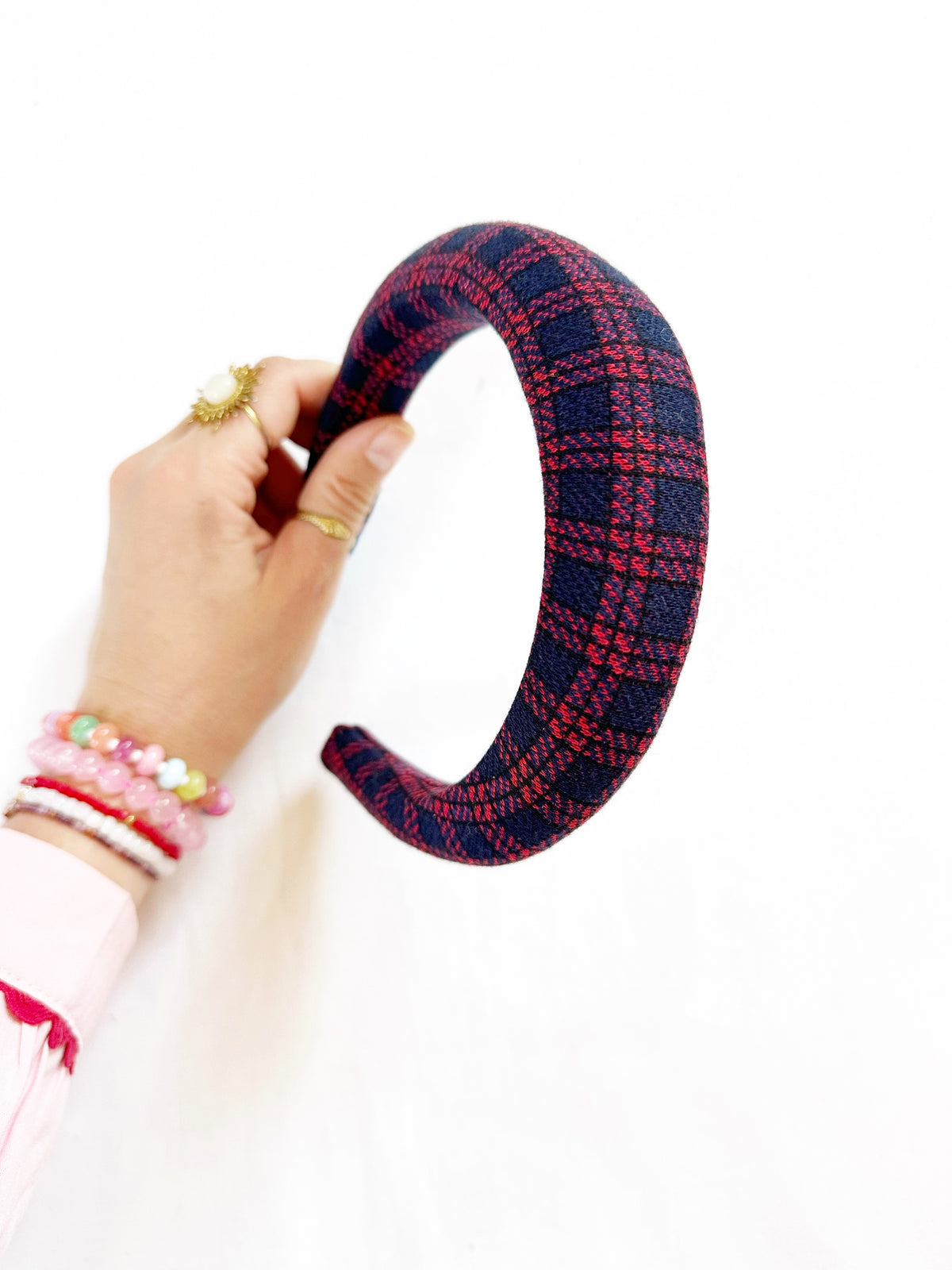 Padded Headband in navy tartan wool