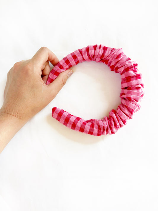 Ruffle Headband in pink red gingham