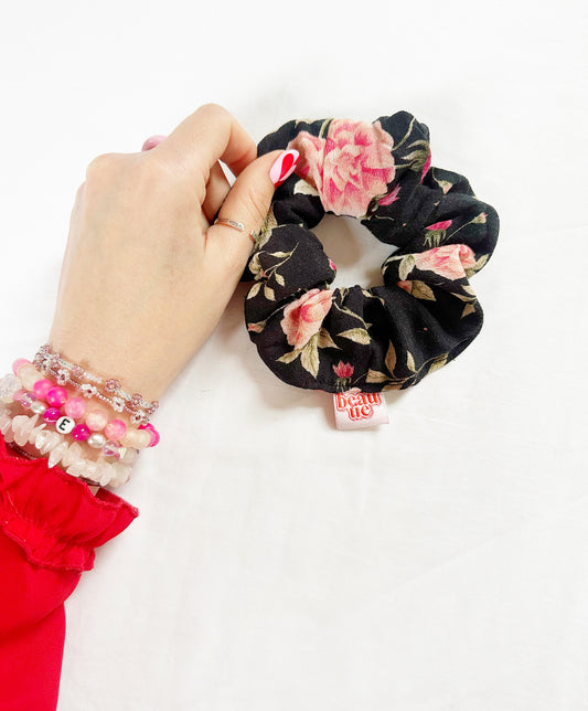 OG scrunchie in black and pink rose